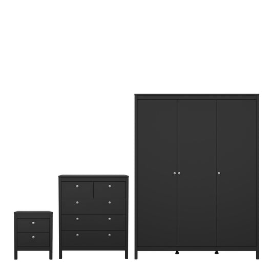 Cote | Furniture Madrid 3 Piece Bedroom Set - Bedside Table, Chest and 3 Door Wardrobe - Black Madrid, BUNDLE 726gmgmp2