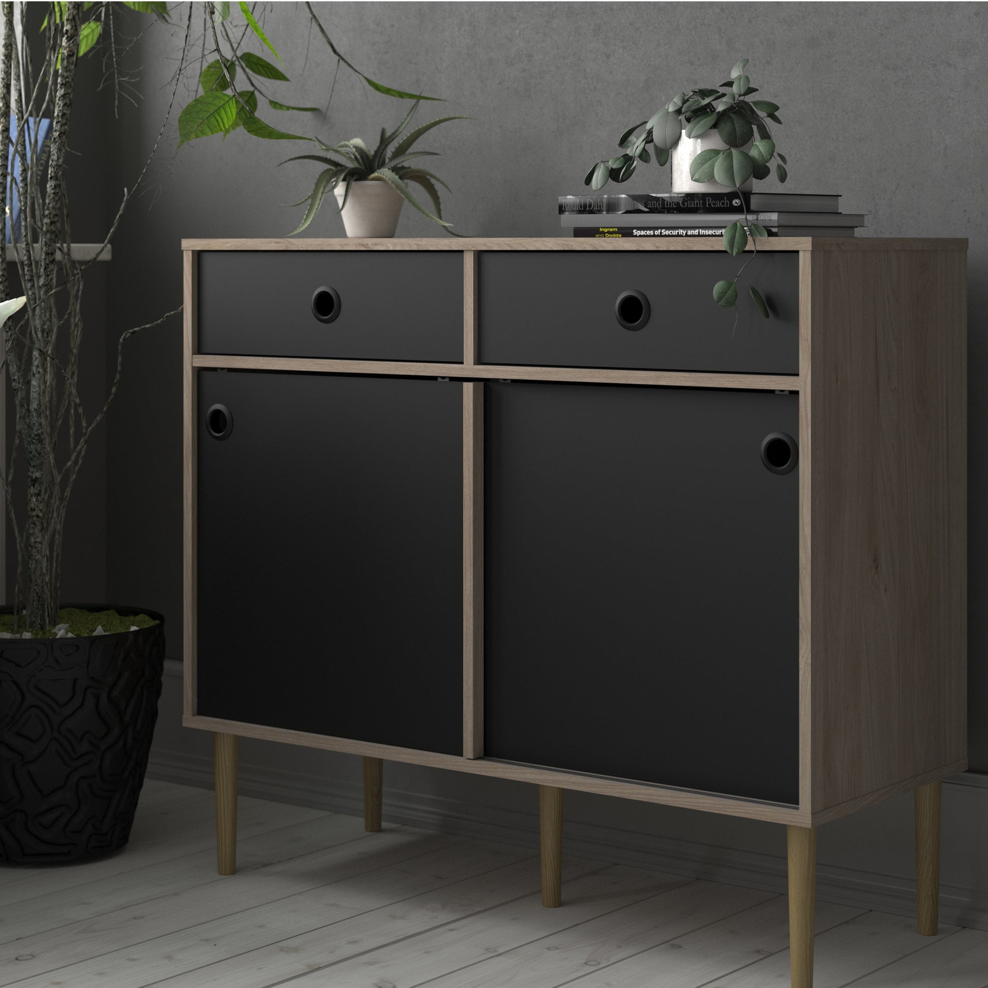 Cote | Furniture Rome Sideboard, 2 Sliding Doors + 2 Drawers- Oak & Black Rome, Sideboards 72866305hlgm