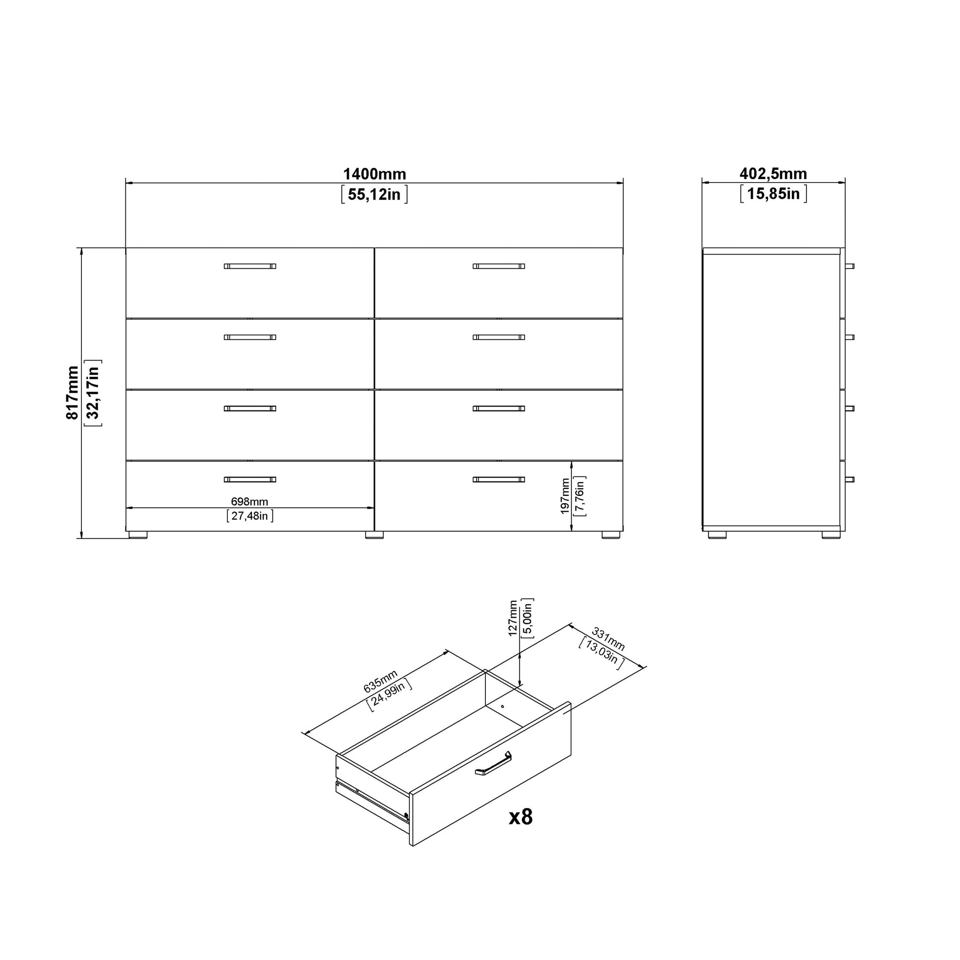 Cote | Furniture Dallas Sideboard Double Dresser, 8 Drawer - Dark Oak Dallas, Chest of Drawers 73070533glgl