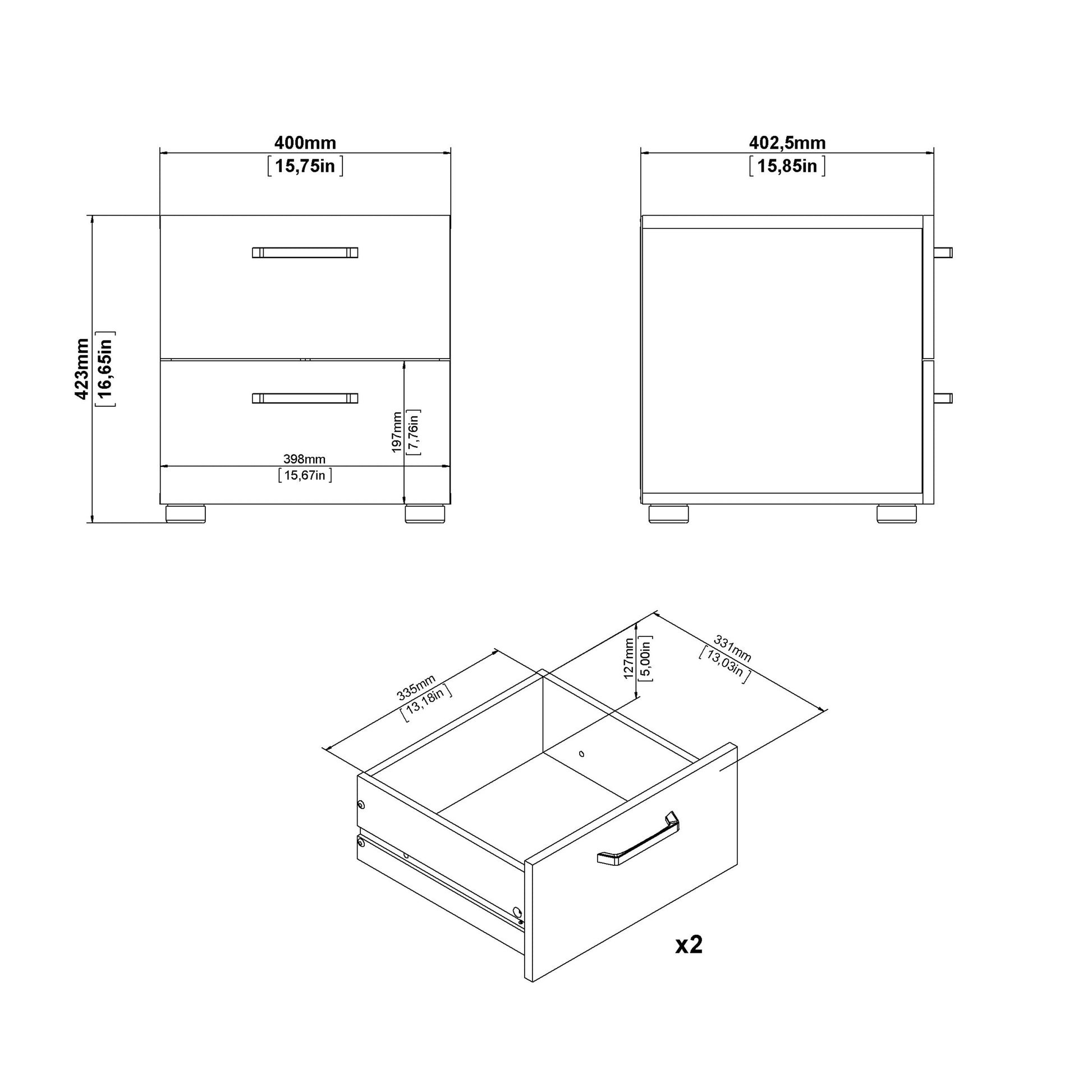 Cote | Furniture Dallas Bedside Table, 2 Drawer - Dark Oak Dallas, Bedside Tables 73070534glgl