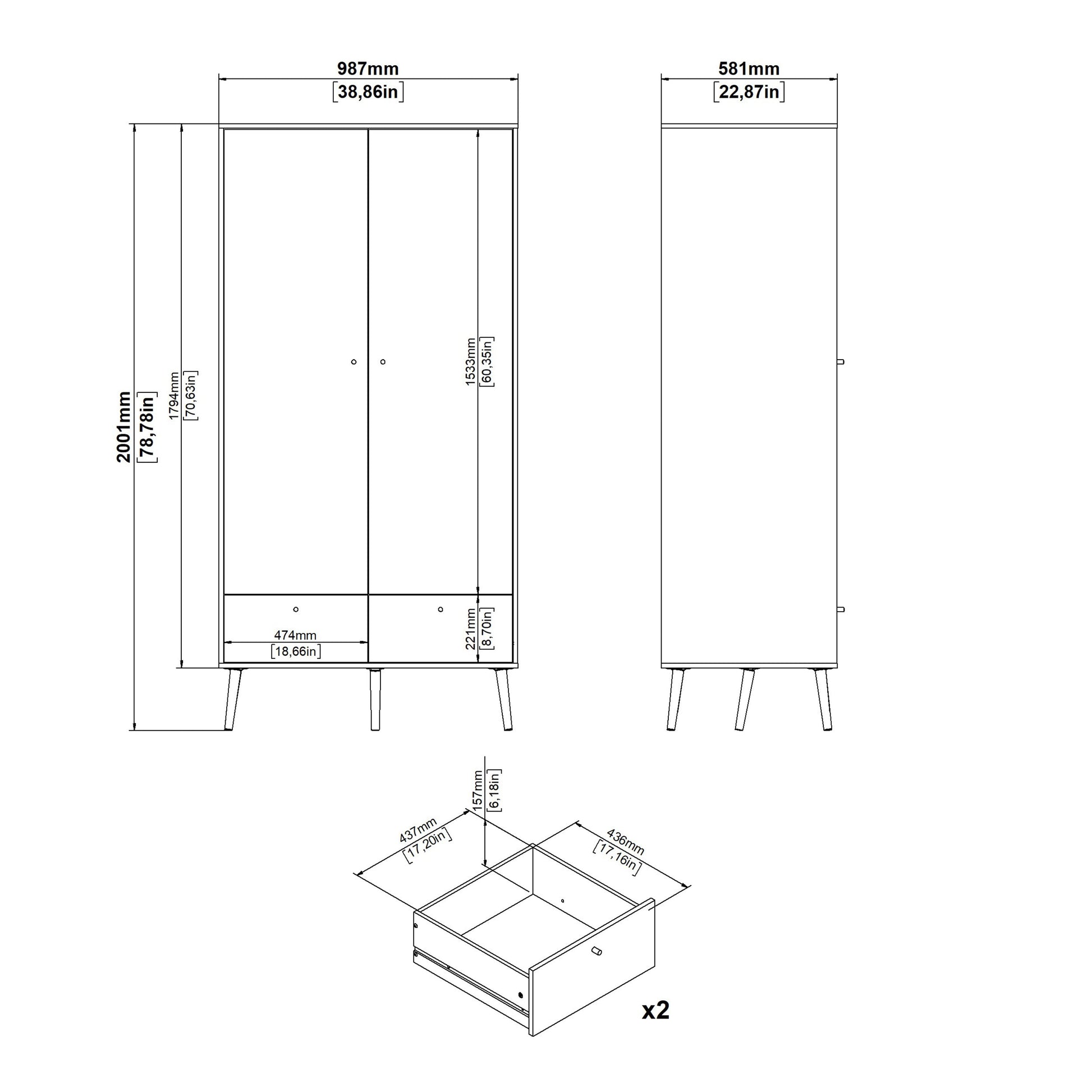 Cote | Furniture Cumbria Wardrobe, 2 Door + 2 Drawer - Dark Grey Cumbria, Wardrobes 73149127igig