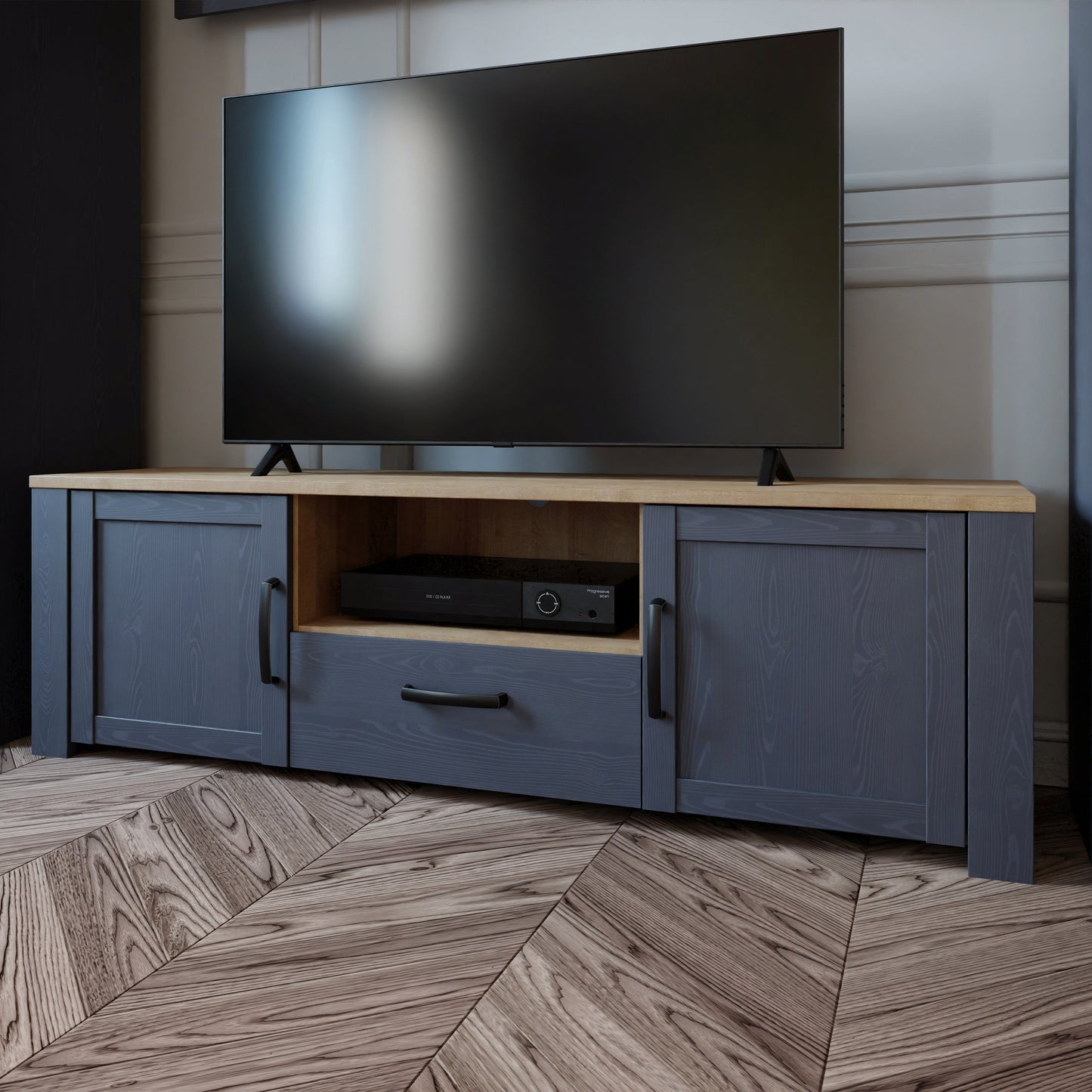 Cote | Furniture Bohol TV Unit (Inc. LED Light) - Oak & Navy Bohol, TV Stands 801bhlt131m348p1