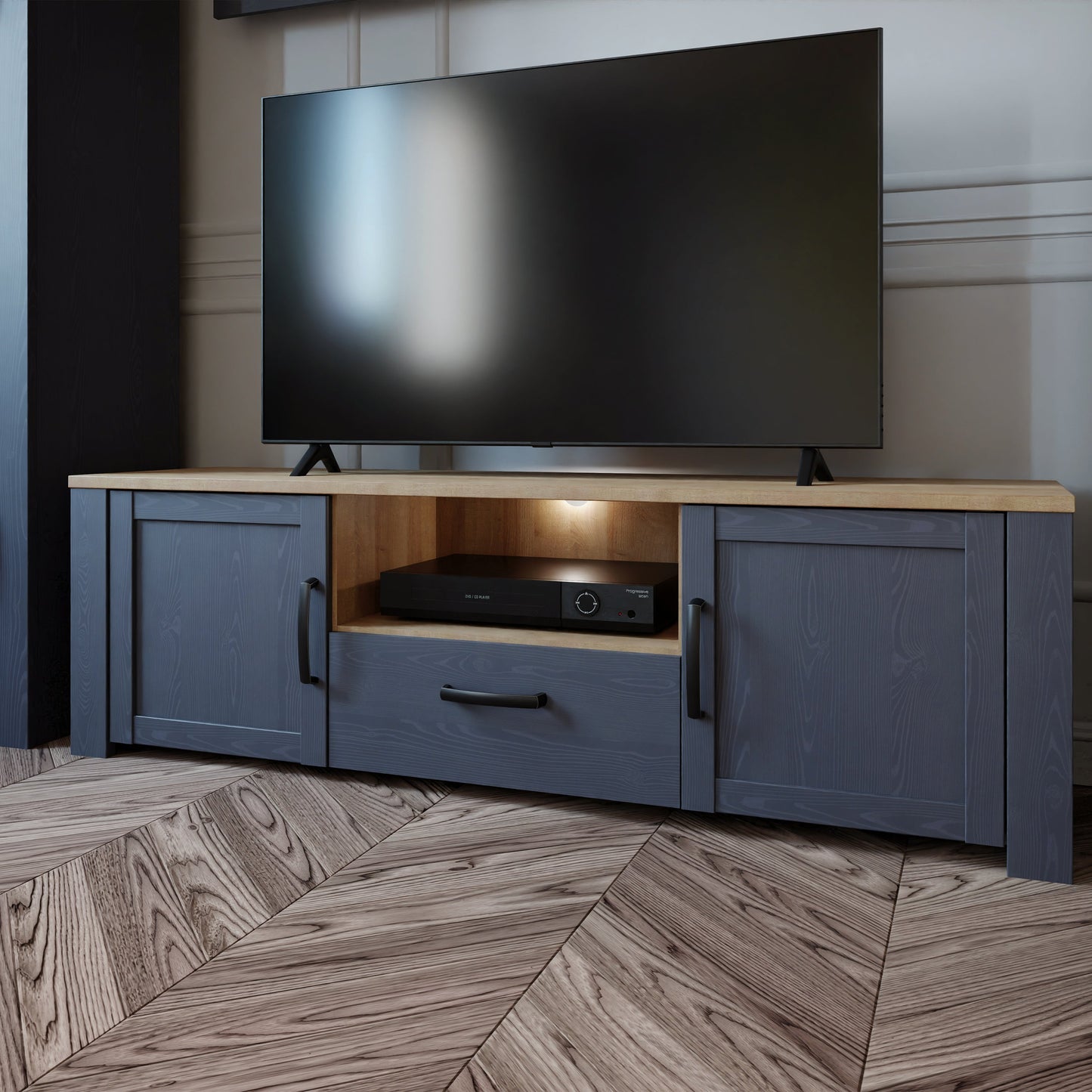 Cote | Furniture Bohol TV Unit (Inc. LED Light) - Oak & Navy Bohol, TV Stands 801bhlt131m348p1