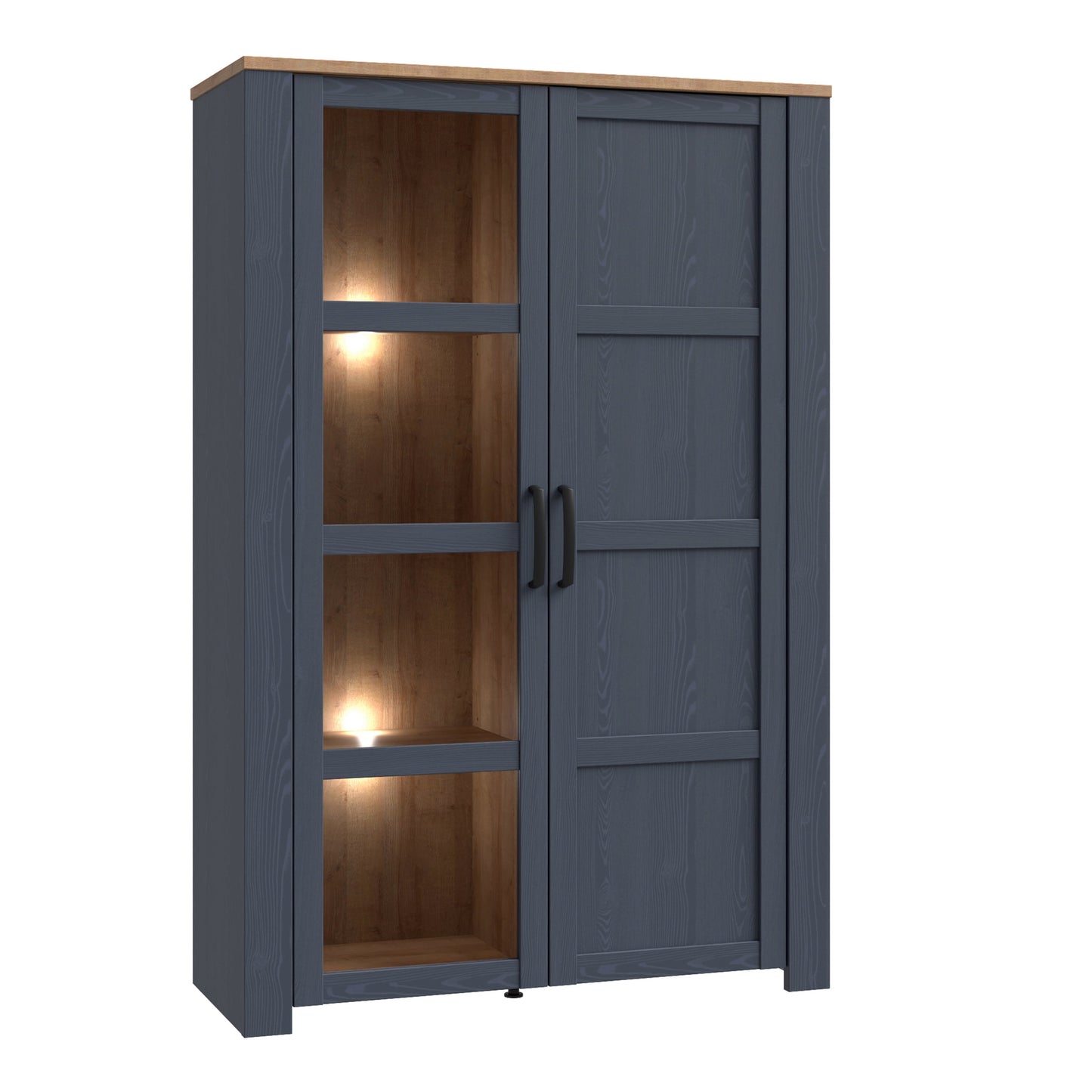 Cote | Furniture Bohol Display Cabinet (Inc. 2x LED Lights) - Oak & Navy Bohol, Display Cabinets 801bhlv621m348p4