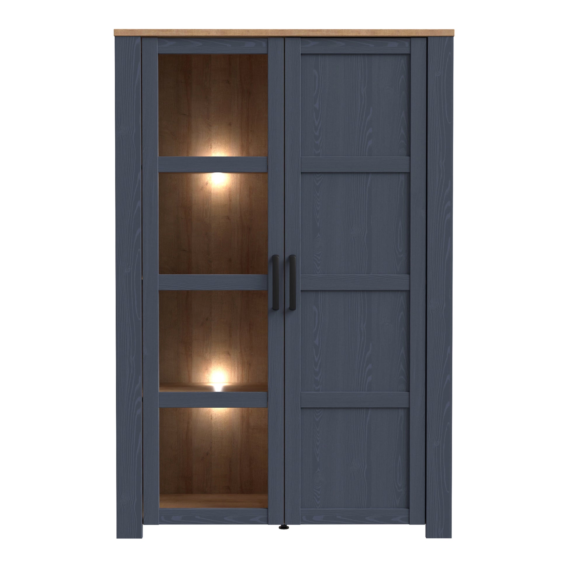 Cote | Furniture Bohol Display Cabinet (Inc. 2x LED Lights) - Oak & Navy Bohol, Display Cabinets 801bhlv621m348p4