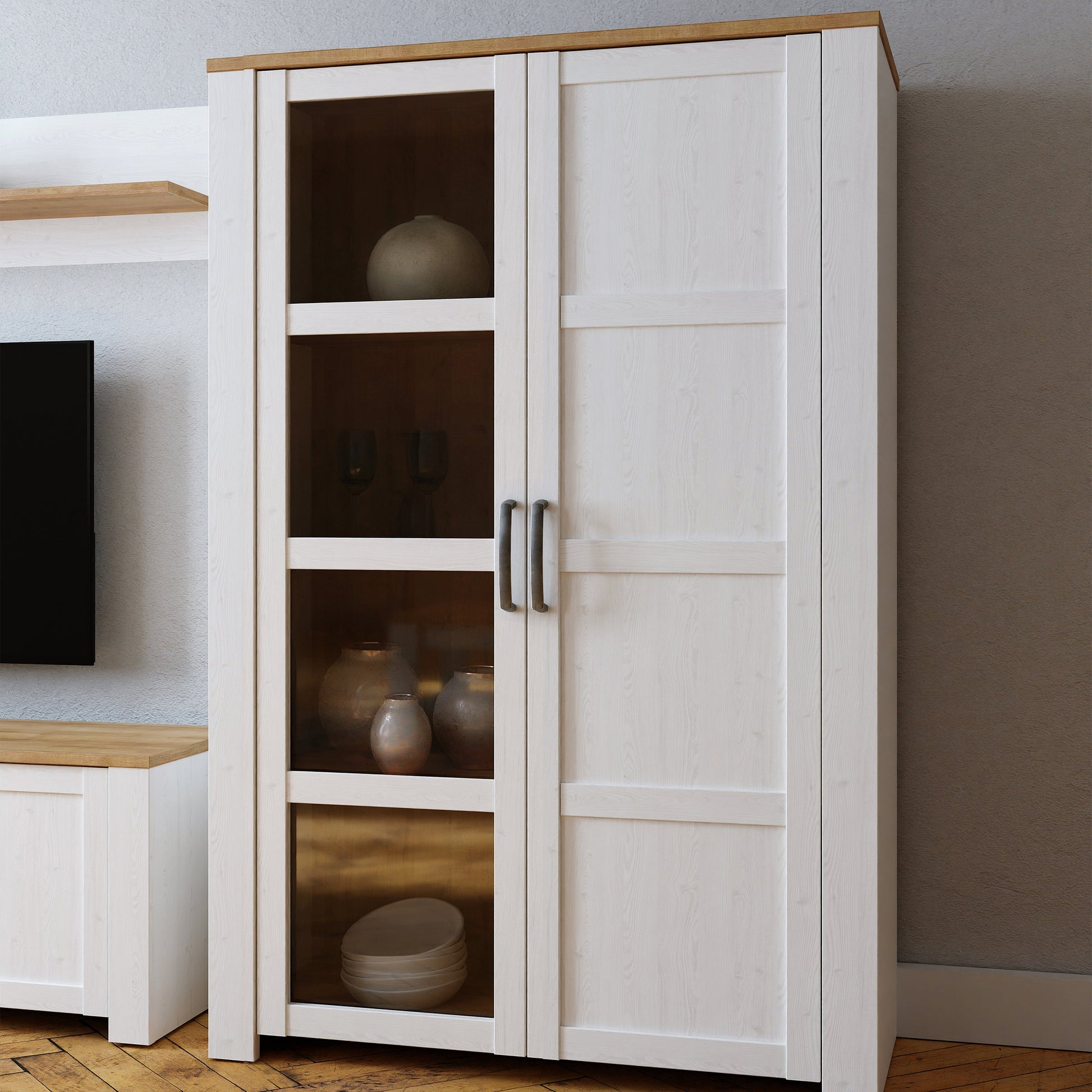 Cote | Furniture Bohol Display Cabinet (Inc. 2x LED Lights) - Oak & White Bohol, Display Cabinets 801bhlv621m482p6