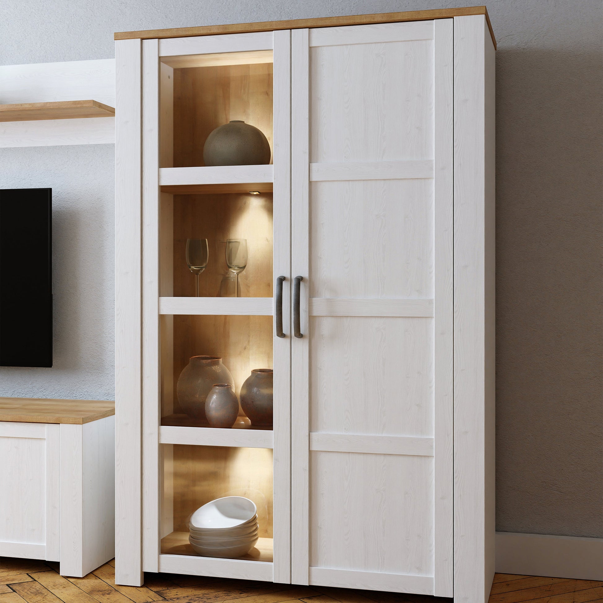 Cote | Furniture Bohol Display Cabinet (Inc. 2x LED Lights) - Oak & White Bohol, Display Cabinets 801bhlv621m482p6