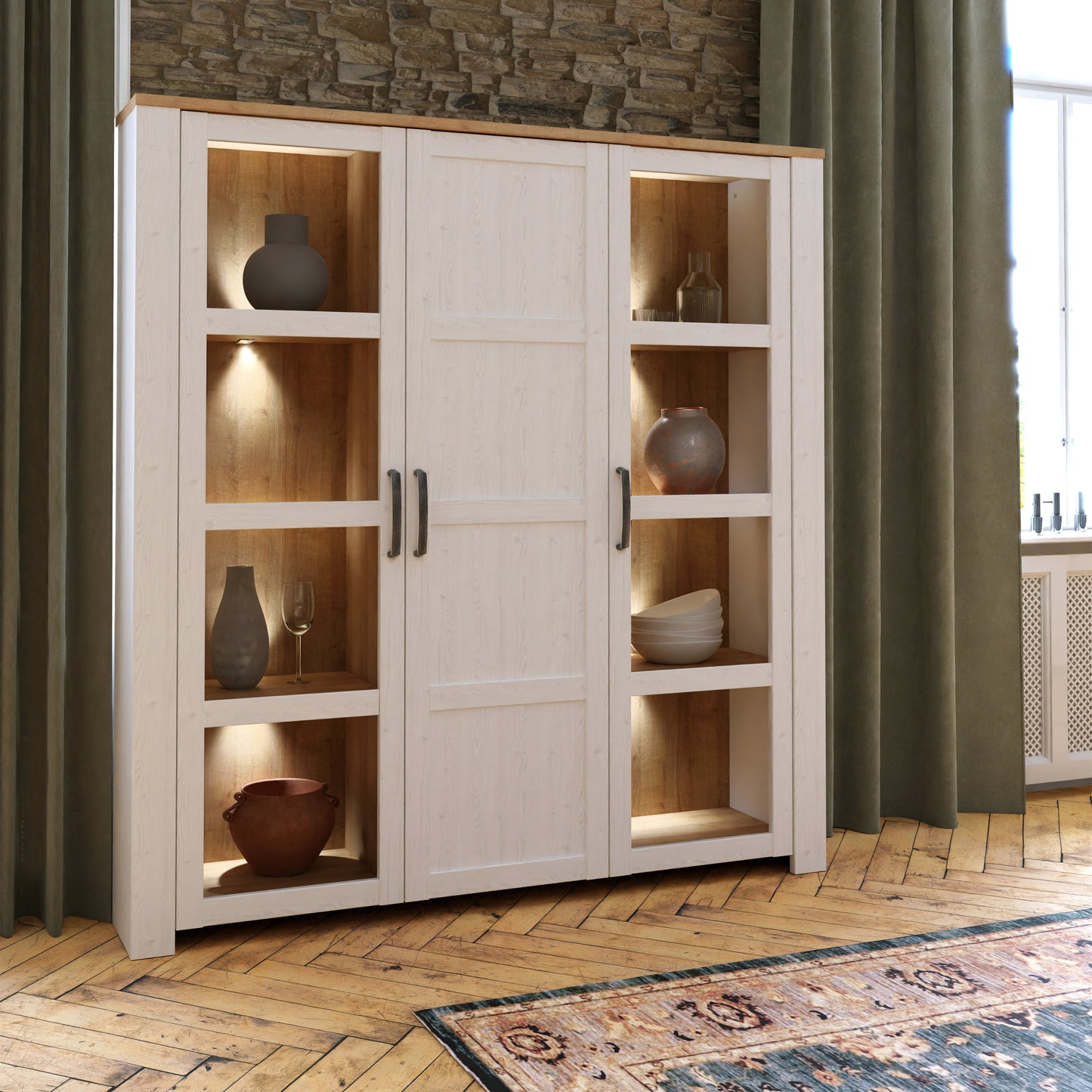 Cote | Furniture Bohol Display Cabinet Large (Inc. 4x LED Lights) - Oak & White Bohol, Display Cabinets 801bhlv631m482p9