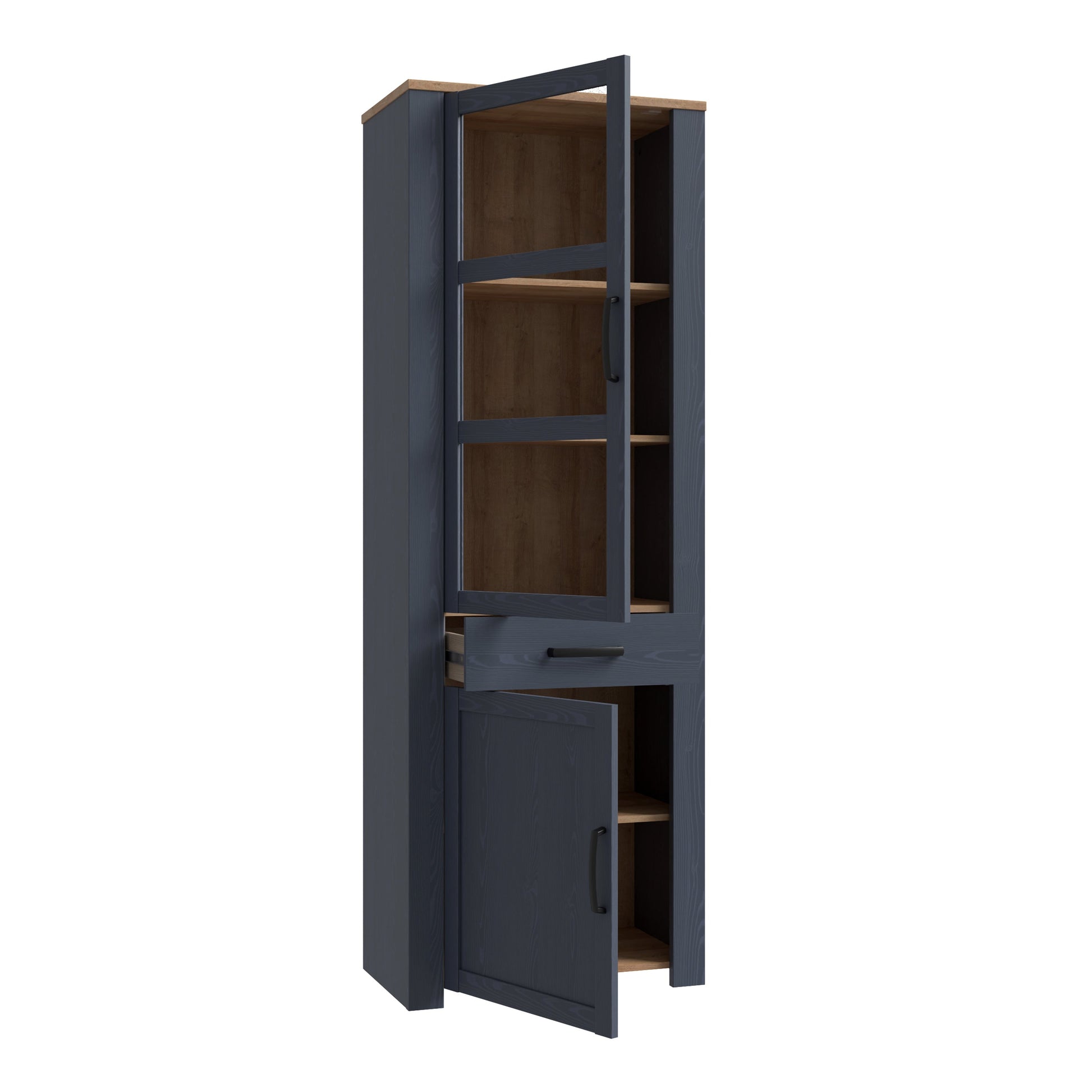 Cote | Furniture Bohol Display Cabinet Narrow (Inc. 2x LED Lights) - Oak & Navy Bohol, Display Cabinets 801bhlv712m348p10