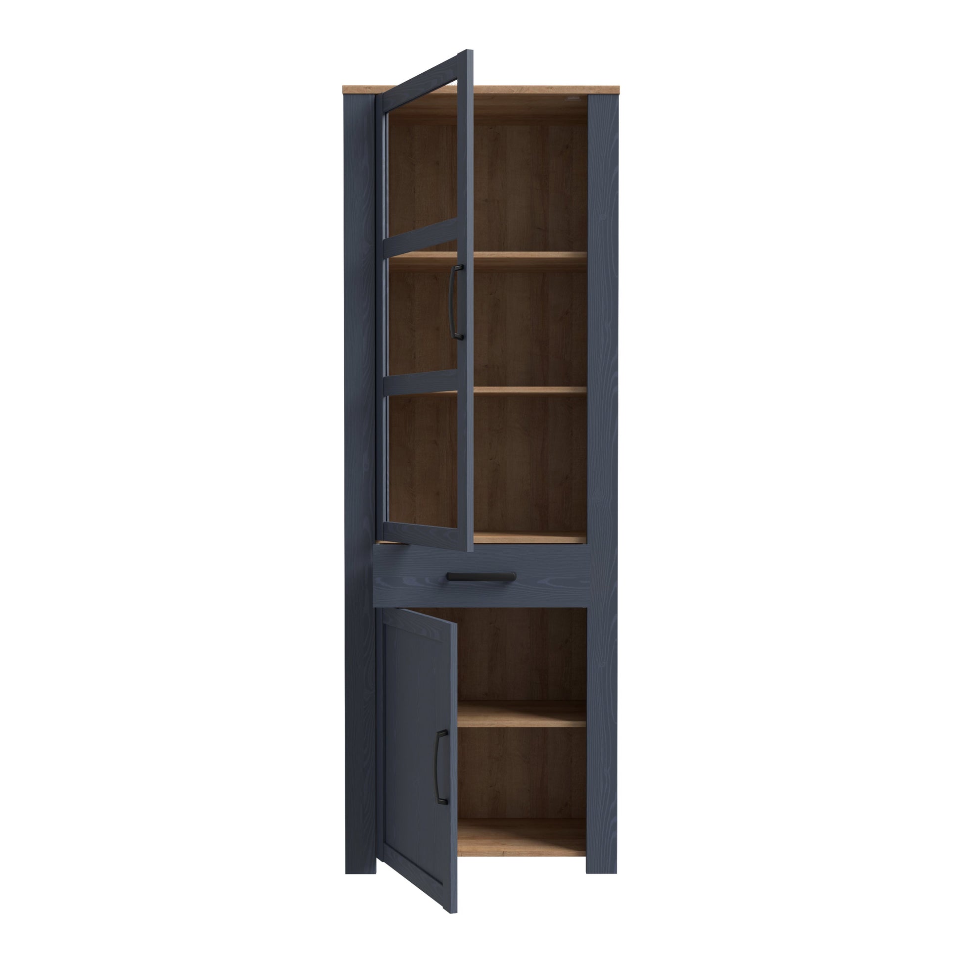 Cote | Furniture Bohol Display Cabinet Narrow (Inc. 2x LED Lights) - Oak & Navy Bohol, Display Cabinets 801bhlv712m348p10