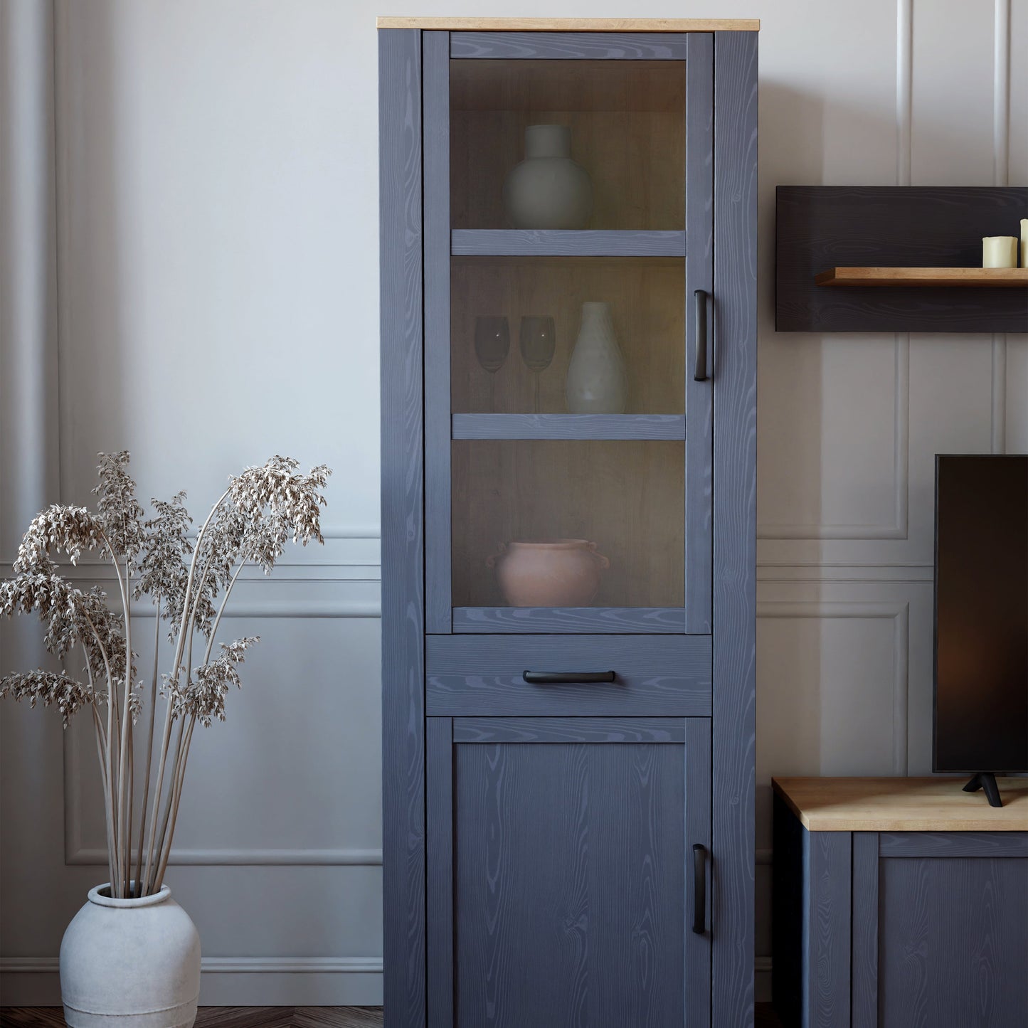 Cote | Furniture Bohol Display Cabinet Narrow (Inc. 2x LED Lights) - Oak & Navy Bohol, Display Cabinets 801bhlv712m348p10