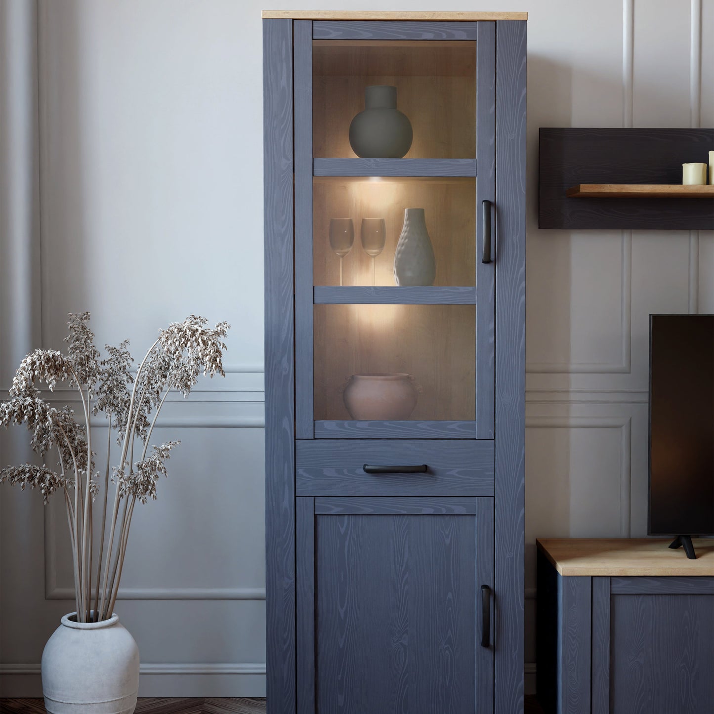 Cote | Furniture Bohol Display Cabinet Narrow (Inc. 2x LED Lights) - Oak & Navy Bohol, Display Cabinets 801bhlv712m348p10