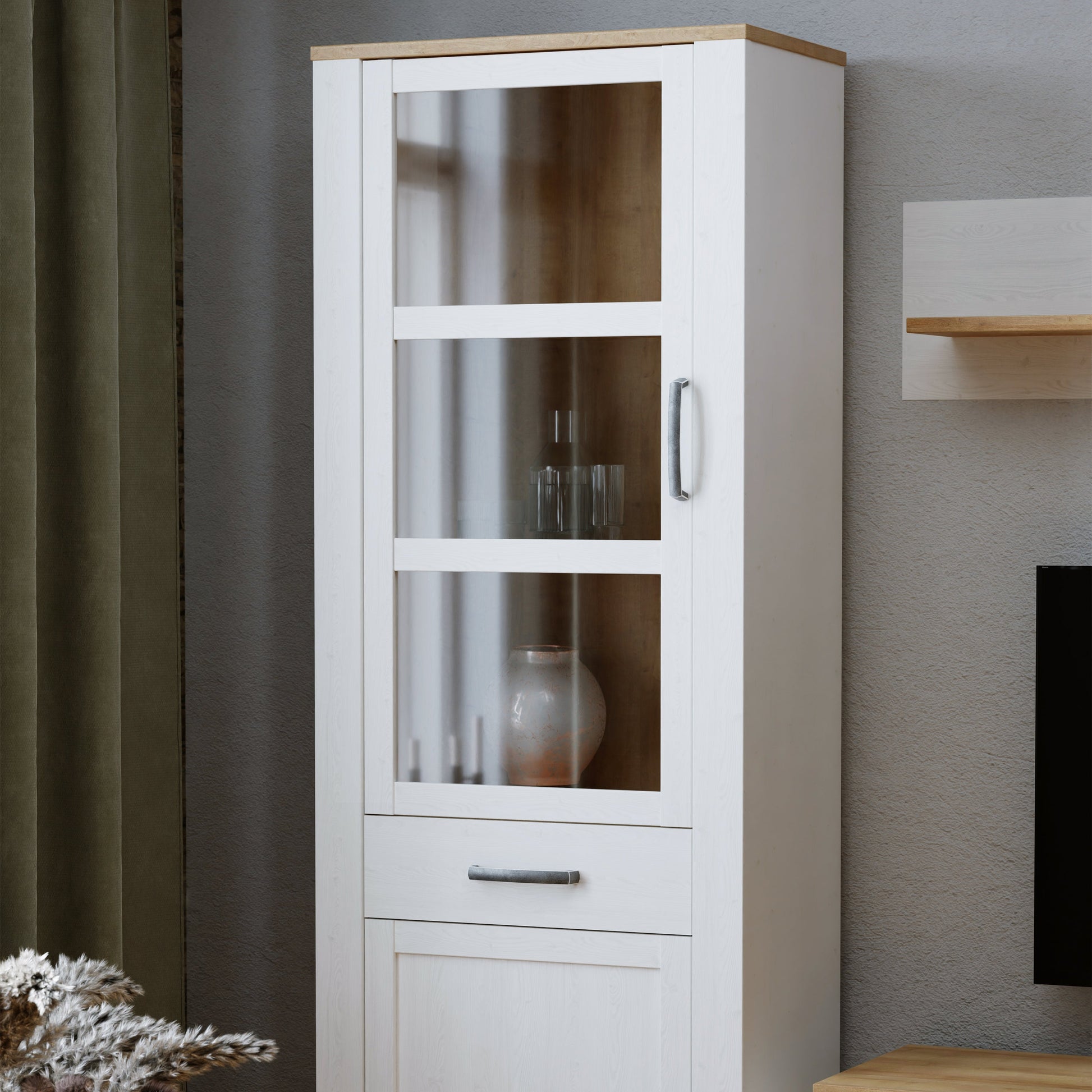 Cote | Furniture Bohol Display Cabinet Narrow (Inc. 2x LED Lights) - Oak & White Bohol, Display Cabinets 801bhlv712m482p12