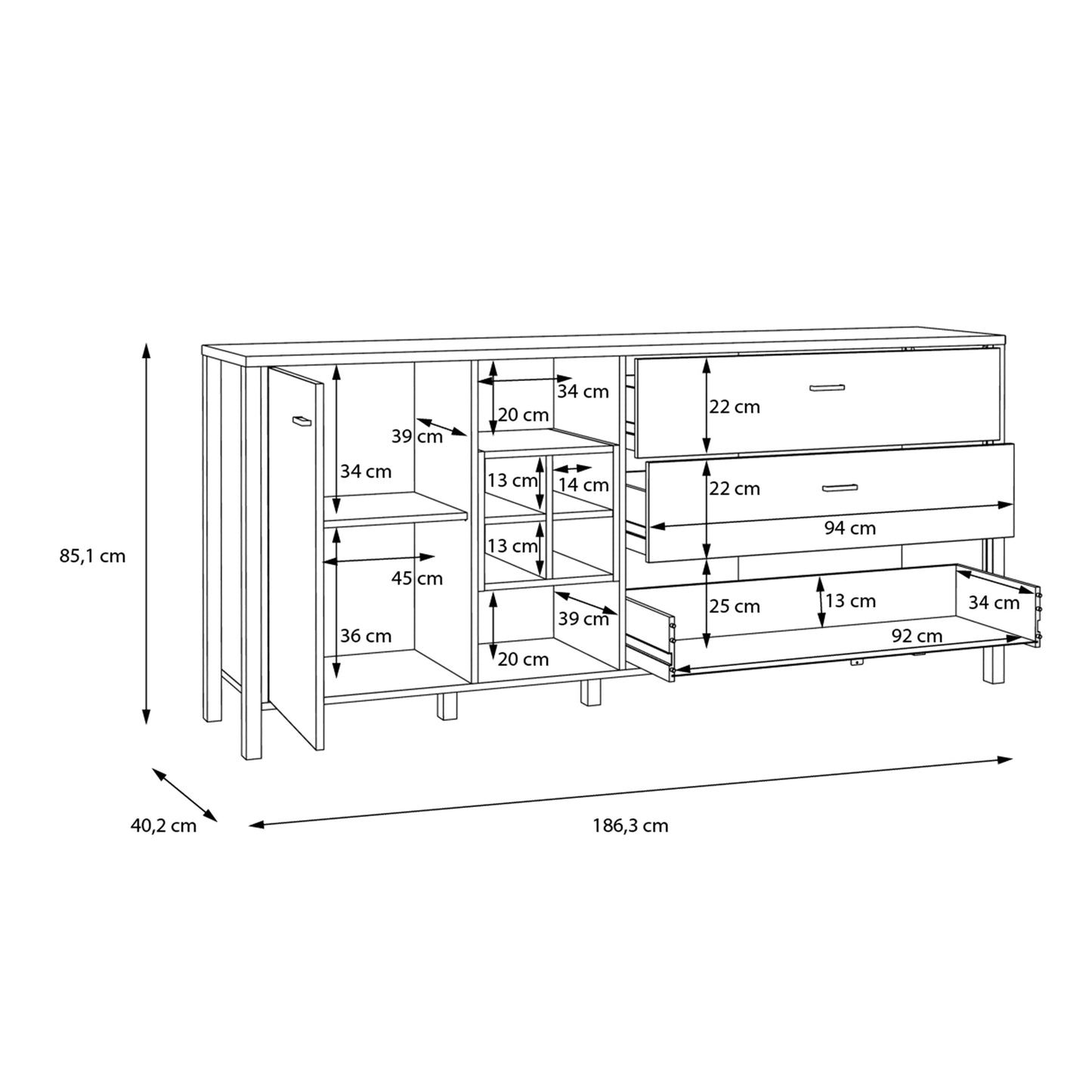 Cote | Furniture High Rock Sideboard, Large 1 Door, 3 Drawer + Cube Display Shelf - Black & Oak High Rock, Sideboards 801hrkk231-m197