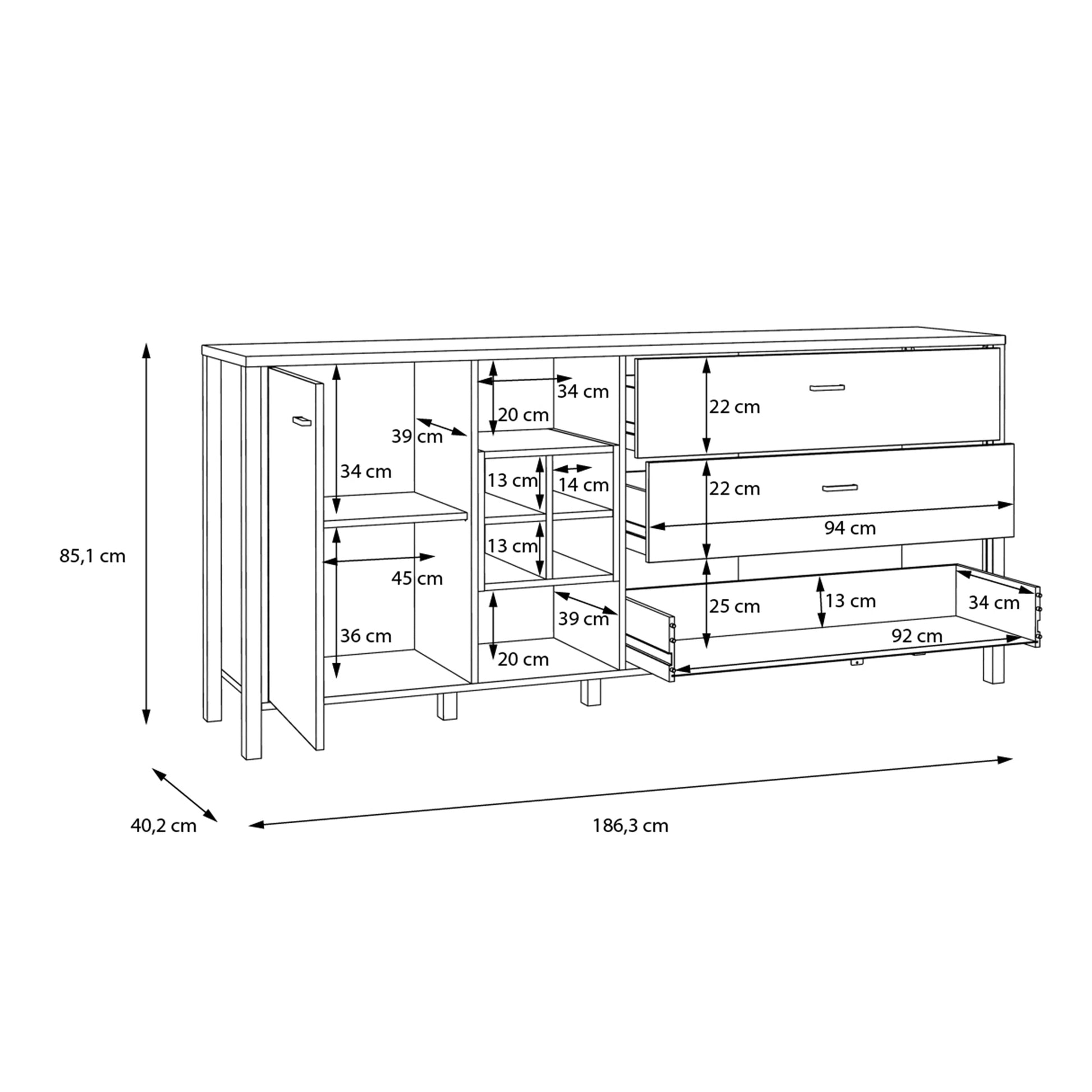 Cote | Furniture High Rock Sideboard, Large 1 Door, 3 Drawer + Cube Display Shelf - Black & Oak High Rock, Sideboards 801hrkk231-m197