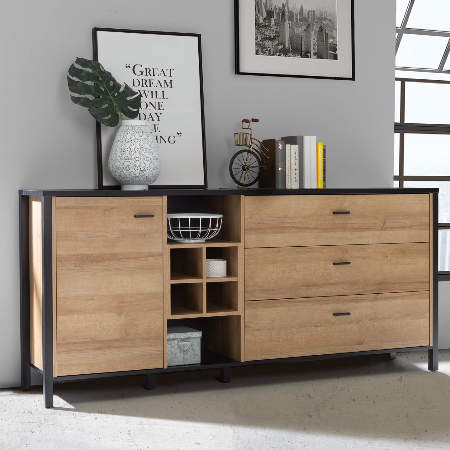 Cote | Furniture High Rock Sideboard, Large 1 Door, 3 Drawer + Cube Display Shelf - Black & Oak High Rock, Sideboards 801hrkk231-m197