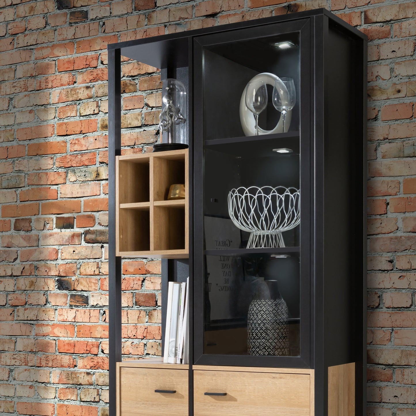 Cote | Furniture High Rock Display Cabinet, 2 Glazed Doors +  2 Oak Doors + 4 Cube Display Shelf - Black & Oak High Rock, Display Cabinets 801hrkv721r-m197