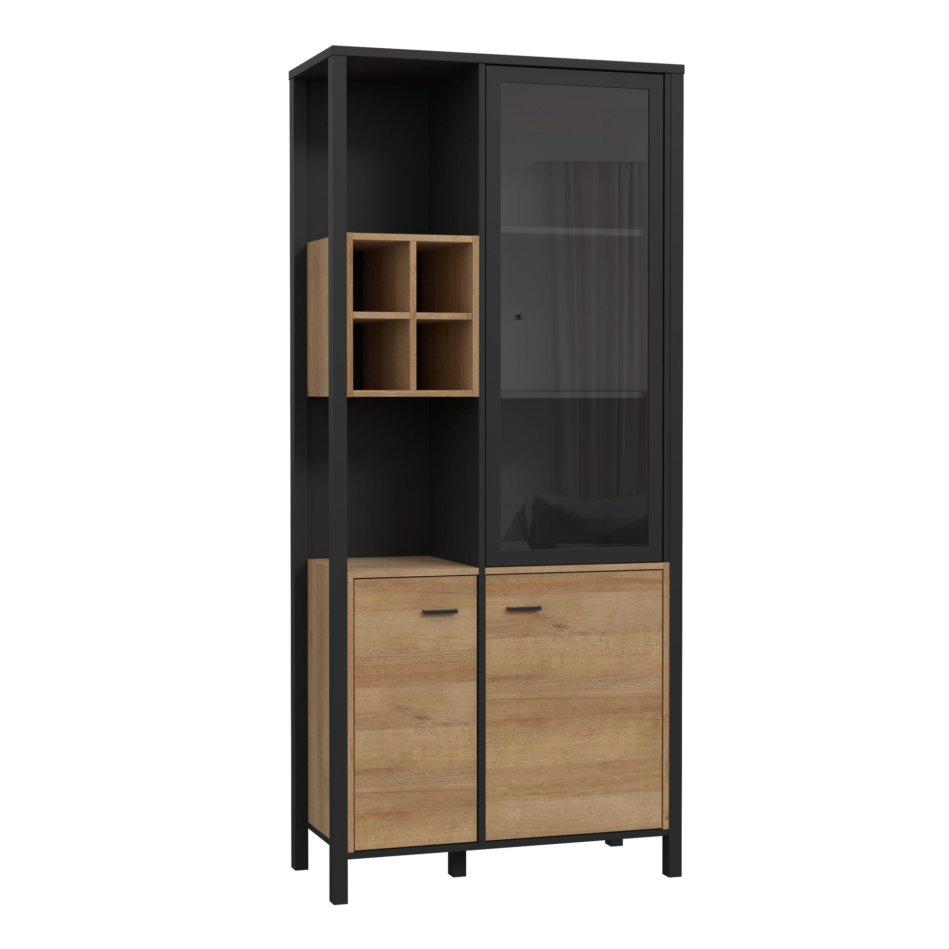 Cote | Furniture High Rock Display Cabinet, 2 Glazed Doors +  2 Oak Doors + 4 Cube Display Shelf - Black & Oak High Rock, Display Cabinets 801hrkv721r-m197