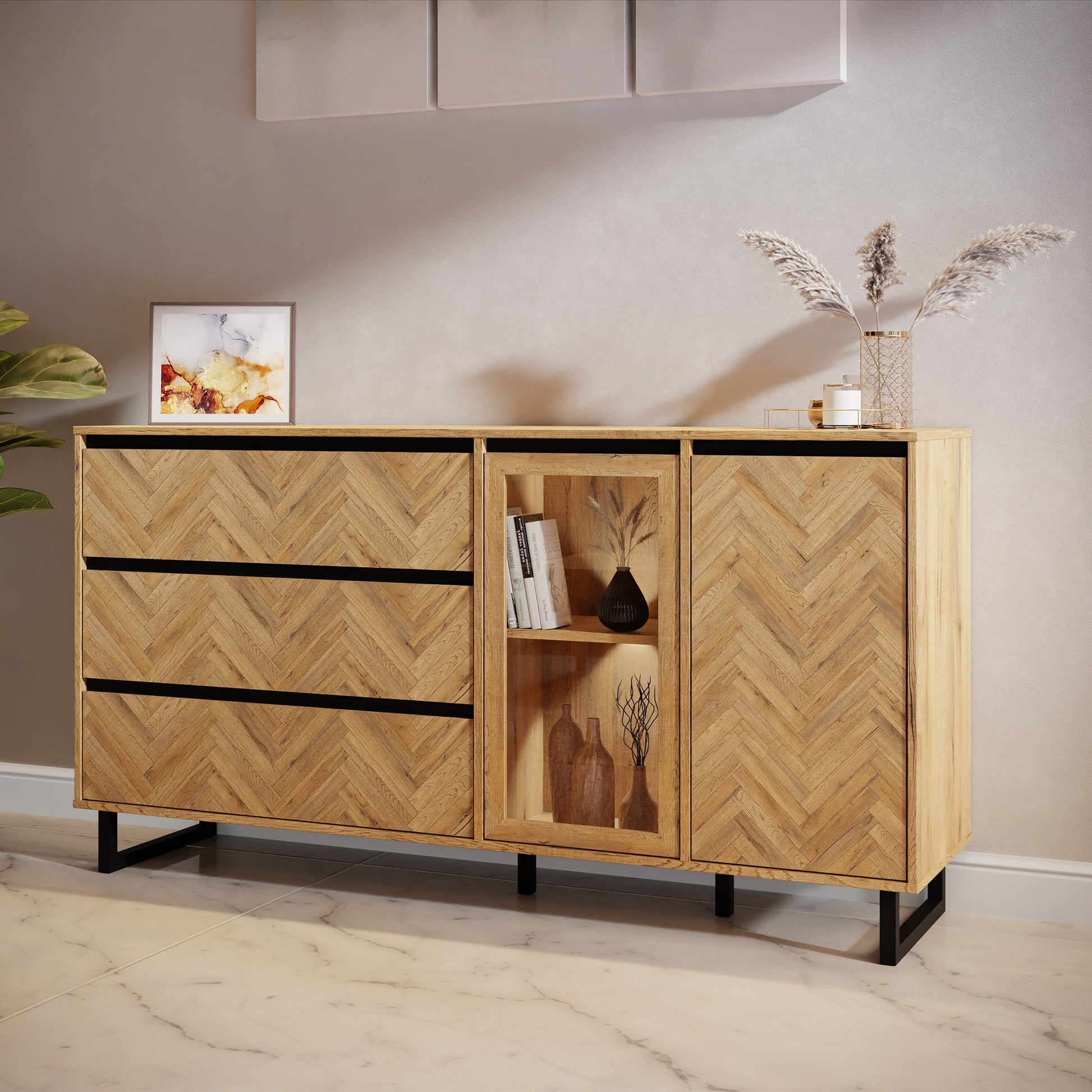 Cote | Furniture Nikomedes Sideboard, Herringbone - Oak & Black Nikomedes, Sideboards 801nmsk232r-m570