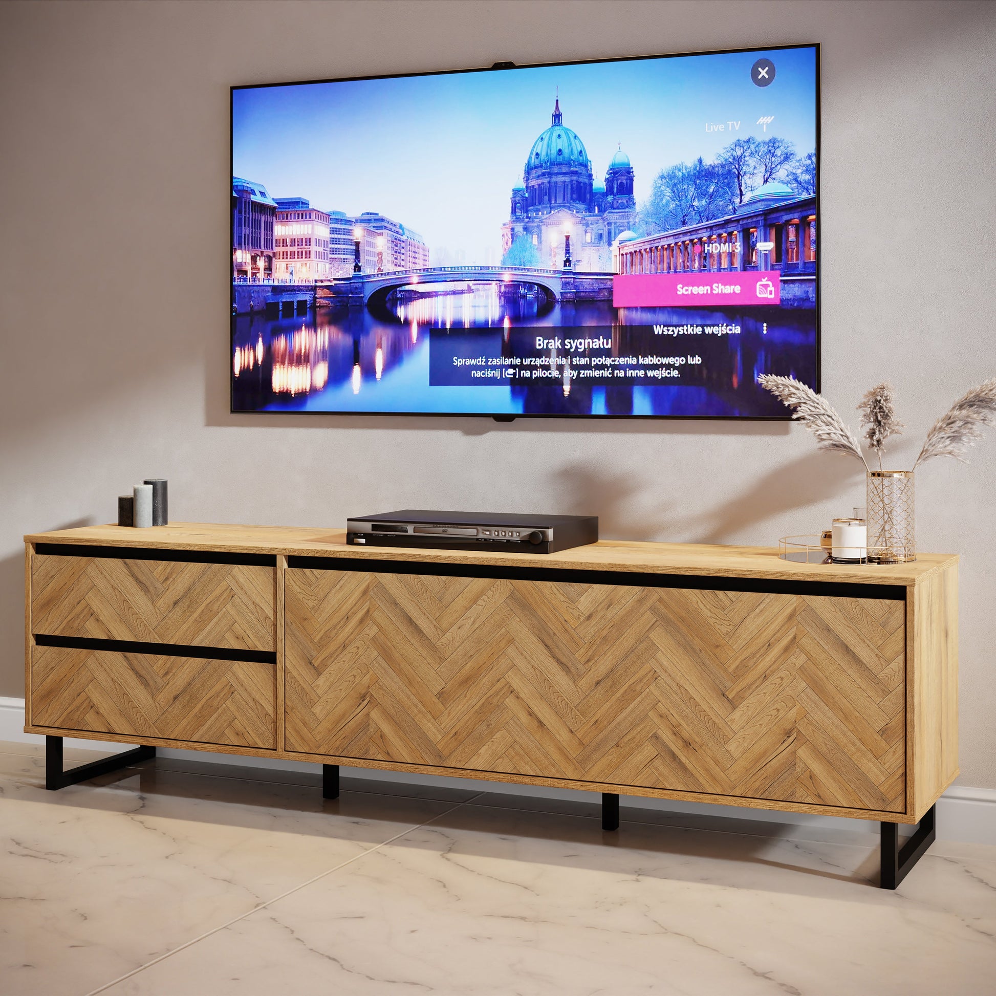 Cote | Furniture Nikomedes TV Unit, Herringbone - Oak & Black Nikomedes, TV Stands 801nmst121l-m570