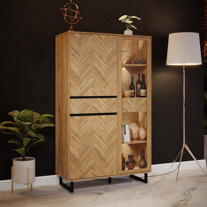 Cote | Furniture Nikomedes Display Cabinet, Herringbone - Oak & Black Nikomedes, Display Cabinets 801nmsv621r-m570