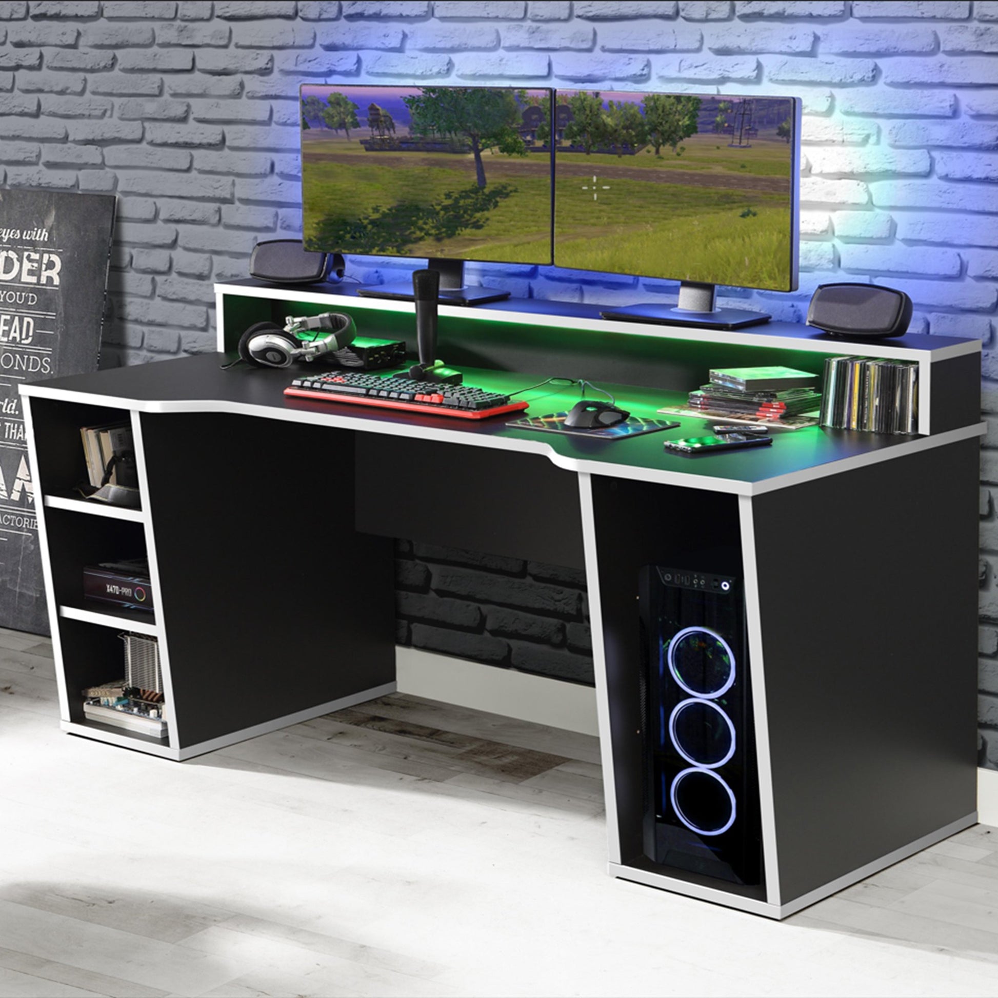 Cote | Furniture Tezaur Gaming Desk with LED - Black & White Tezaur, Gaming Furniture 801tzrb211b3-m240