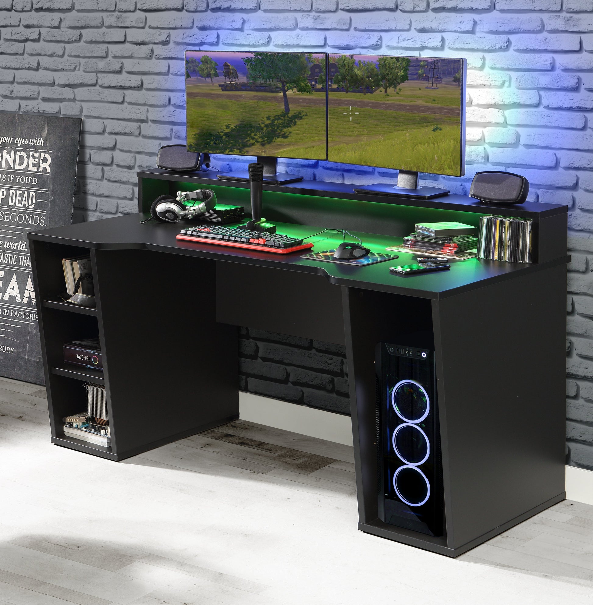 Cote | Furniture Tezaur Gaming Desk, 2 Shelves with LED - Black  Tezaur, Gaming Furniture 801tzrb211b3-z113