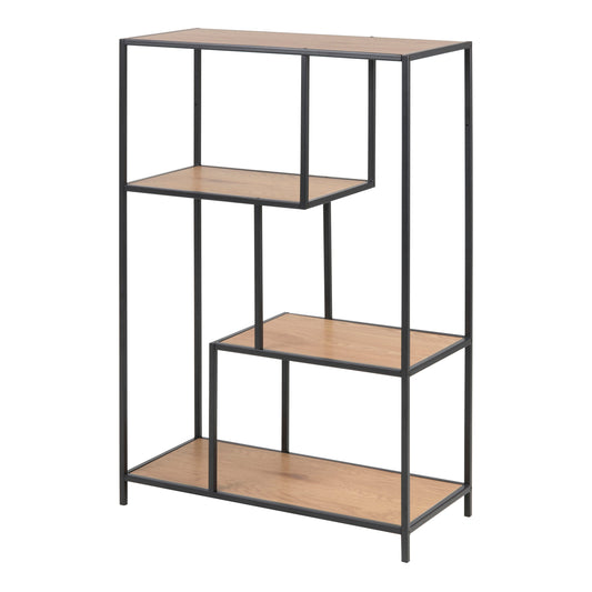 Cote | Furniture Seaford Bookcase, Asymmetrical Metal Frame with 3 Oak Shelves - Black Seaford, Bookcases 90A0000074547