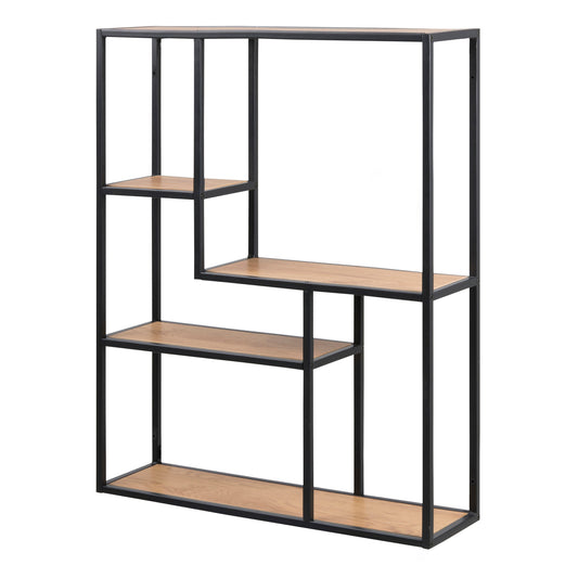 Cote | Furniture Seaford Wall Shelf, Wide Metal Frame with 3 Additional Oak Shelves - Black Seaford, Shelving 90A0000074953