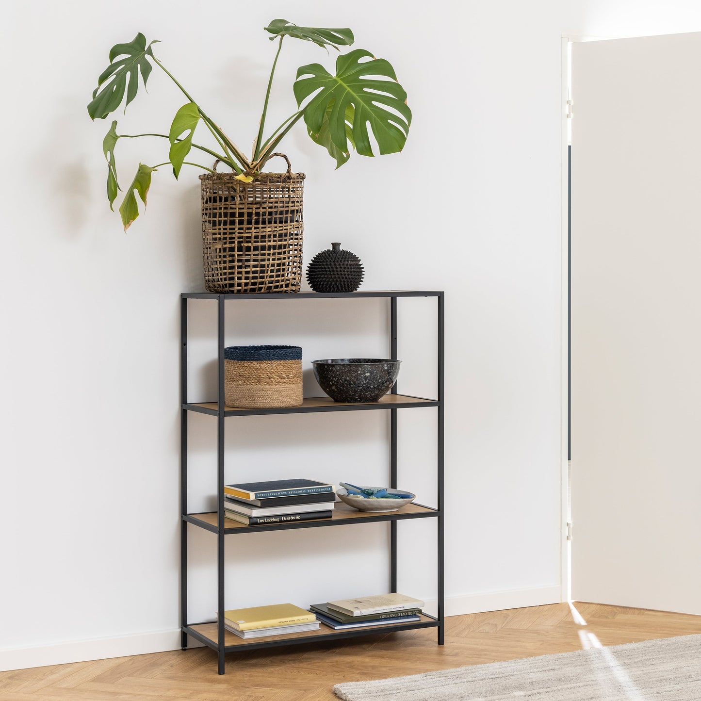 Cote | Furniture Seaford Bookcase, Low Metal Frame with 3 Oak Shelves - Black Seaford, Bookcases 90A0000075966