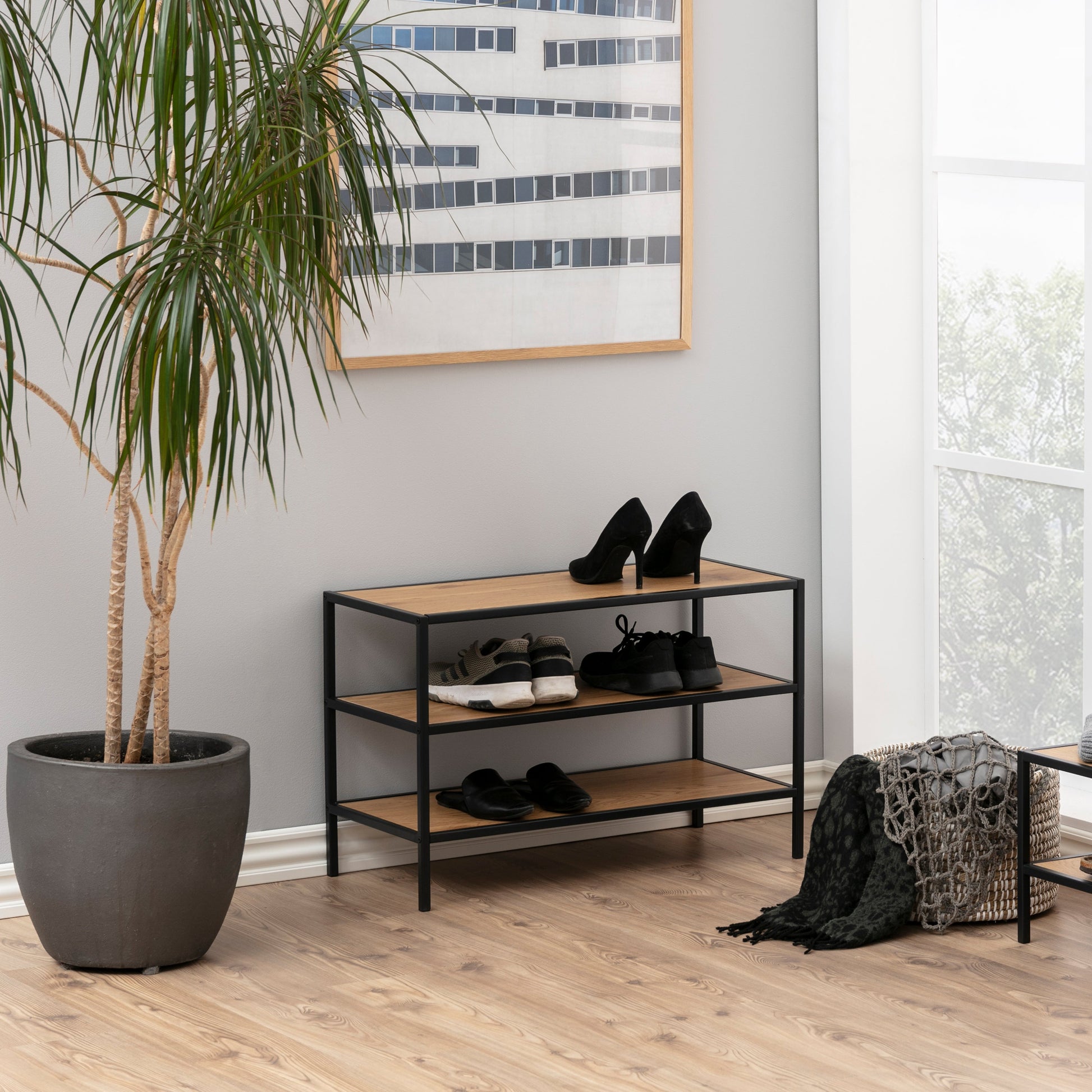 Cote | Furniture Seaford Shoe Rack Metal Frame with 2 Oak Shelves - Black Seaford, Shoe Storage 90A0000079423