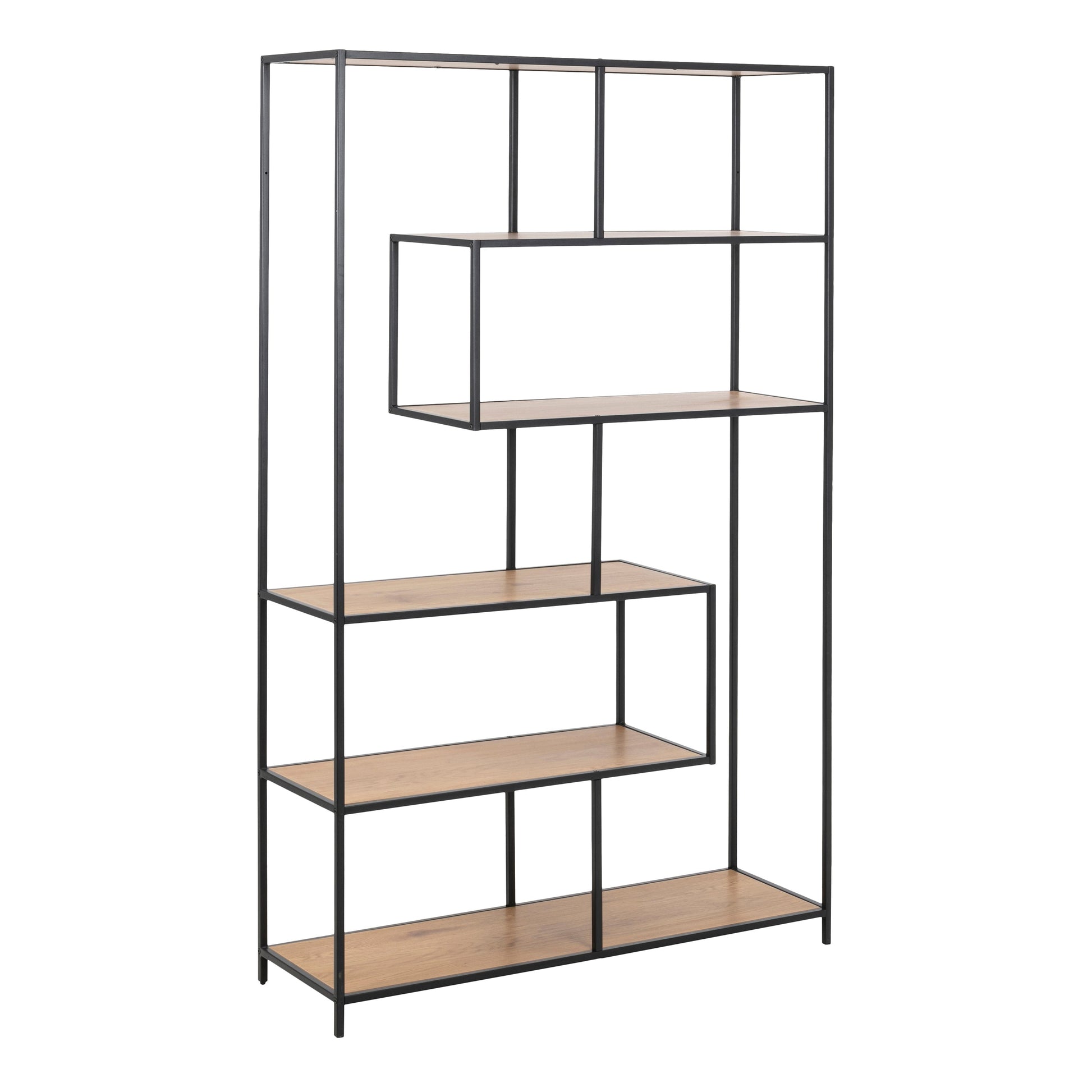 Cote | Furniture Seaford Bookcase, Asymmetrical Metal Frame with 5 Oak Shelves - Black Seaford, Bookcases 90A0000081311