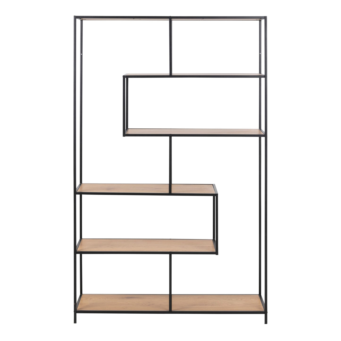 Cote | Furniture Seaford Bookcase, Asymmetrical Metal Frame with 5 Oak Shelves - Black Seaford, Bookcases 90A0000081311