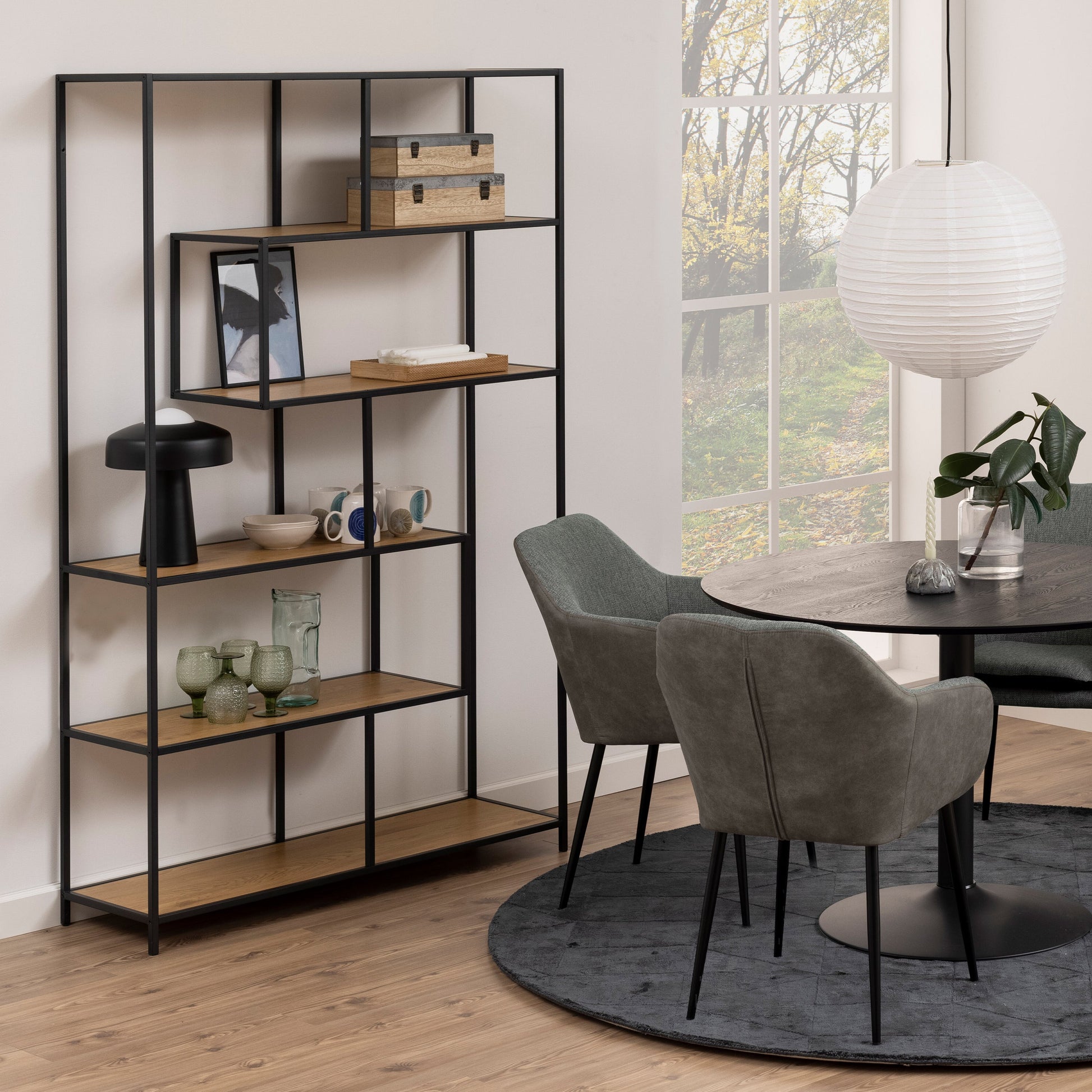 Cote | Furniture Seaford Bookcase, Asymmetrical Metal Frame with 5 Oak Shelves - Black Seaford, Bookcases 90A0000081311