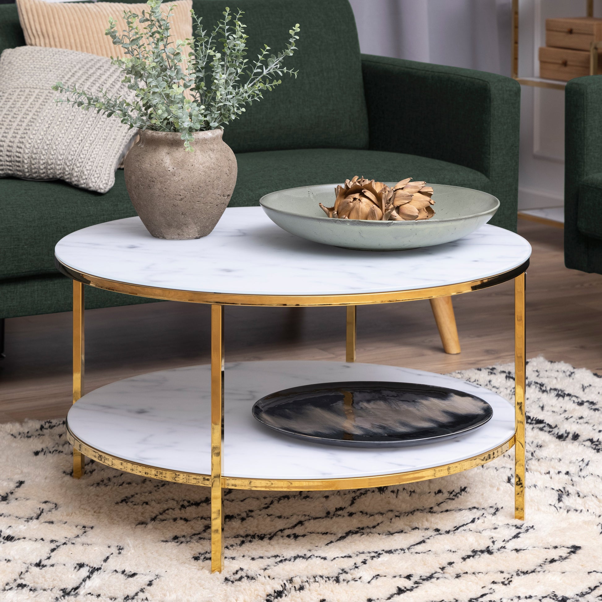 Cote | Furniture Alisma Coffee Table, Round with Marble Effect Glass Top - Gold Alisma, Coffee Tables 90A0000081694