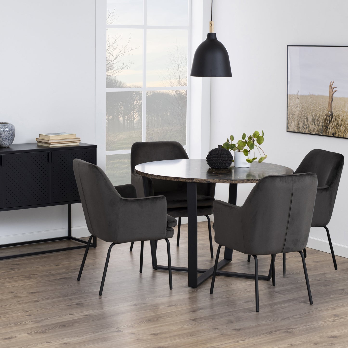 Cote | Furniture Amble 4 Seater Dining Table, Round with Brown Marble Top - Black Legs Amble, Dining Tables 90A0000084697