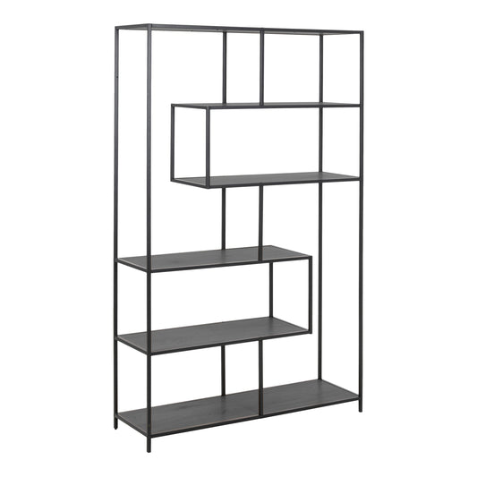 Cote | Furniture Seaford Bookcase, Asymmetrical Large Metal Frame with 5 Black Shelves - Black Seaford, Bookcases 90A0000087944