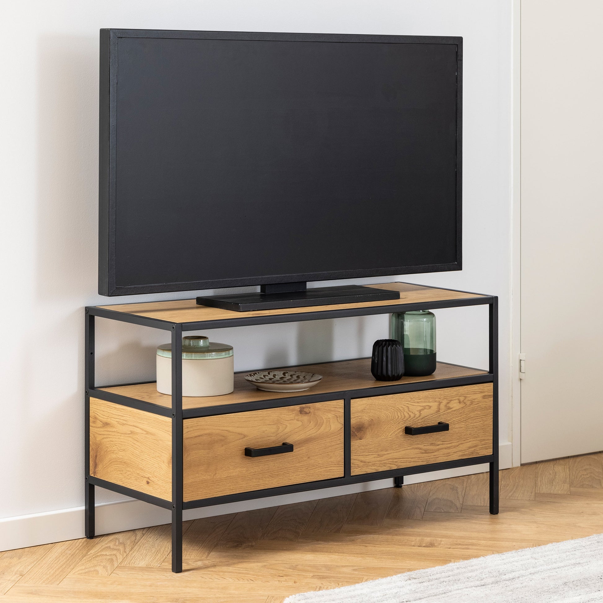 Cote | Furniture Seaford TV Unit, 2 Drawer - Black & Oak Seaford, TV Stands 90A0000089558