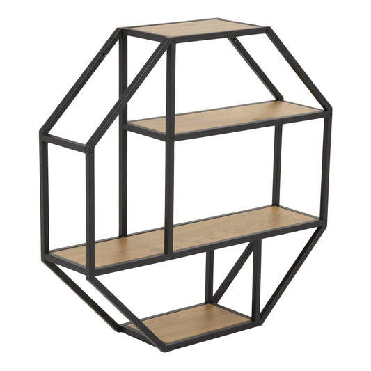 Cote | Furniture Seaford Wall Shelf, Octagonal Metal Frame - Black & Oak Seaford, Shelving 90A0000089668