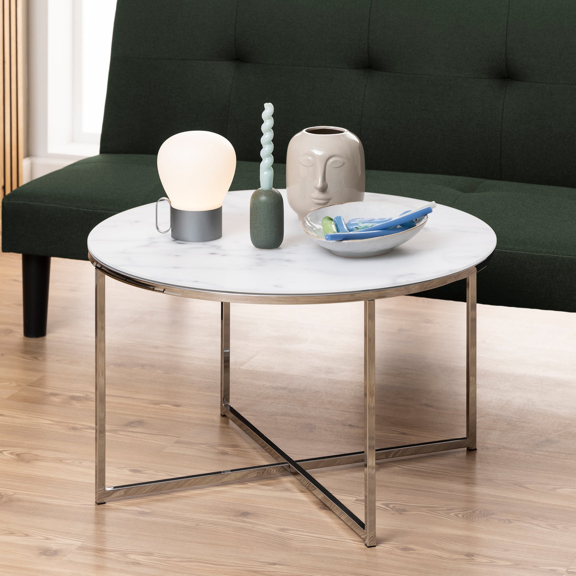 Cote | Furniture Alisma Coffee Table, Round with White Marble Effect Glass Top - Chrome Alisma, Coffee Tables 90A0000091040