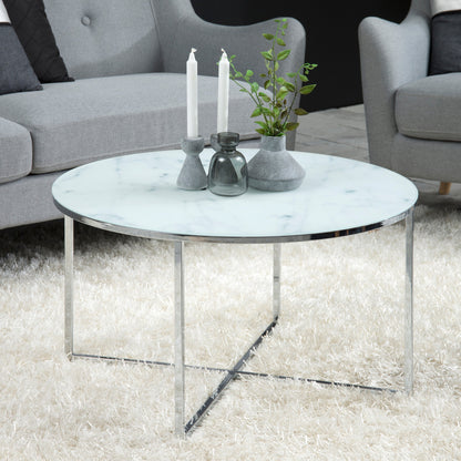 Cote | Furniture Alisma Coffee Table, Round with White Marble Effect Glass Top - Chrome Alisma, Coffee Tables 90A0000091040