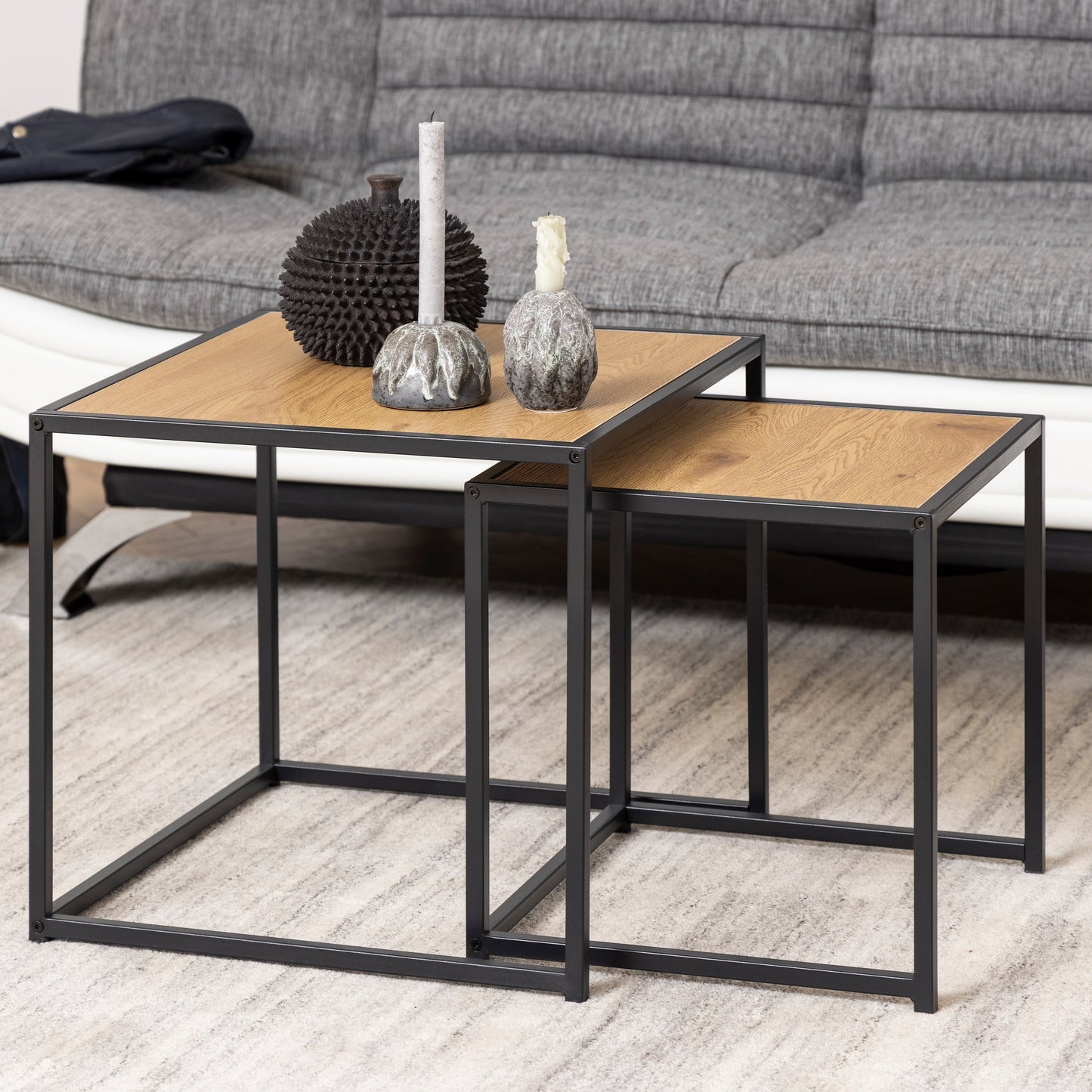 Cote | Furniture Seaford Nest of Tables, Metal Frames with Oak Top - Black Seaford, Nest of Tables 90A0000091847