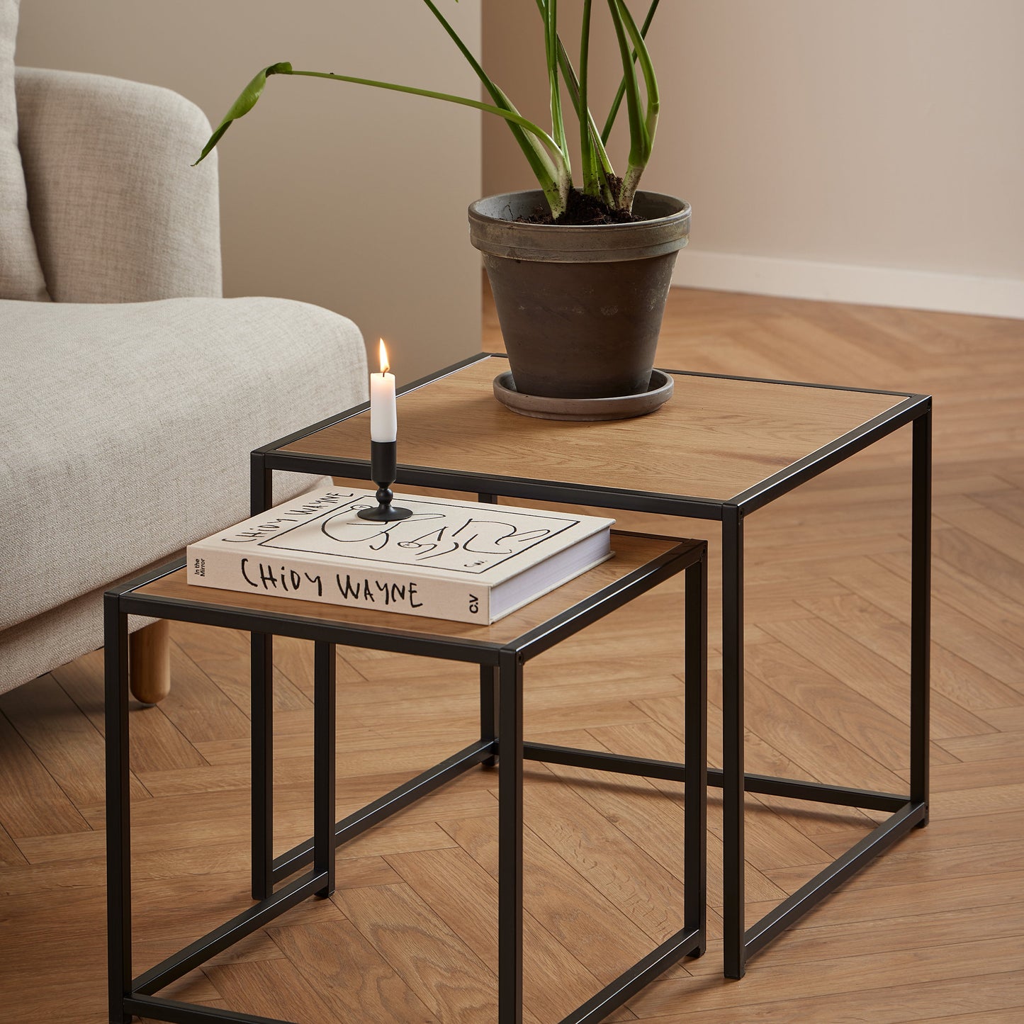 Cote | Furniture Seaford Nest of Tables, Metal Frames with Oak Top - Black Seaford, Nest of Tables 90A0000091847