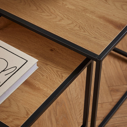 Cote | Furniture Seaford Nest of Tables, Metal Frames with Oak Top - Black Seaford, Nest of Tables 90A0000091847