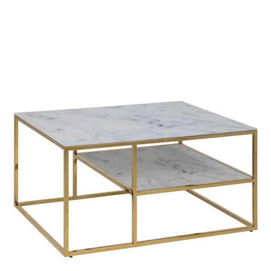 Cote | Furniture Alisma Coffee Table with Open Shelf, White Marble Effect Glass Top - Gold Alisma, Coffee Tables 90A0000092535