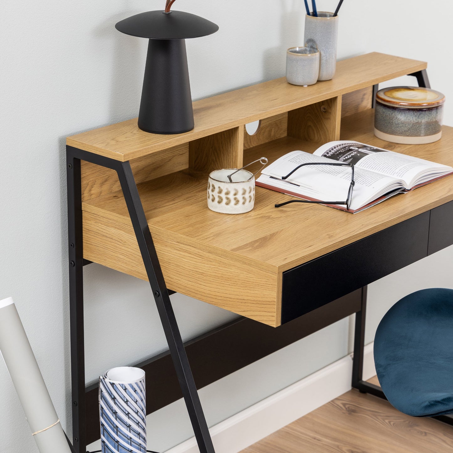 Cote | Furniture Reece Desk, 1 Drawers - Oak & Black Reece, Dressing Tables & Desks 90A0000094415