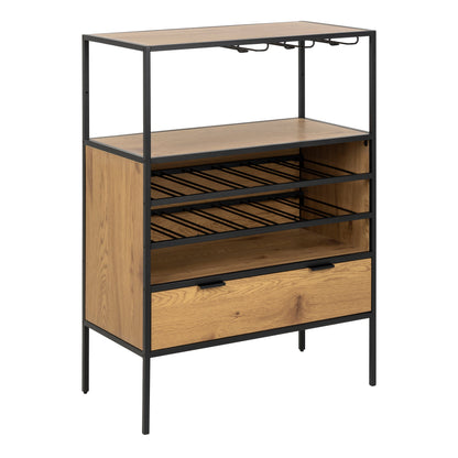 Cote | Furniture Seaford Bar Cabinet, 1 Draw, Bottle Rack + Glass Holder - Black & Oak Seaford, Cupboards 90A0000099862