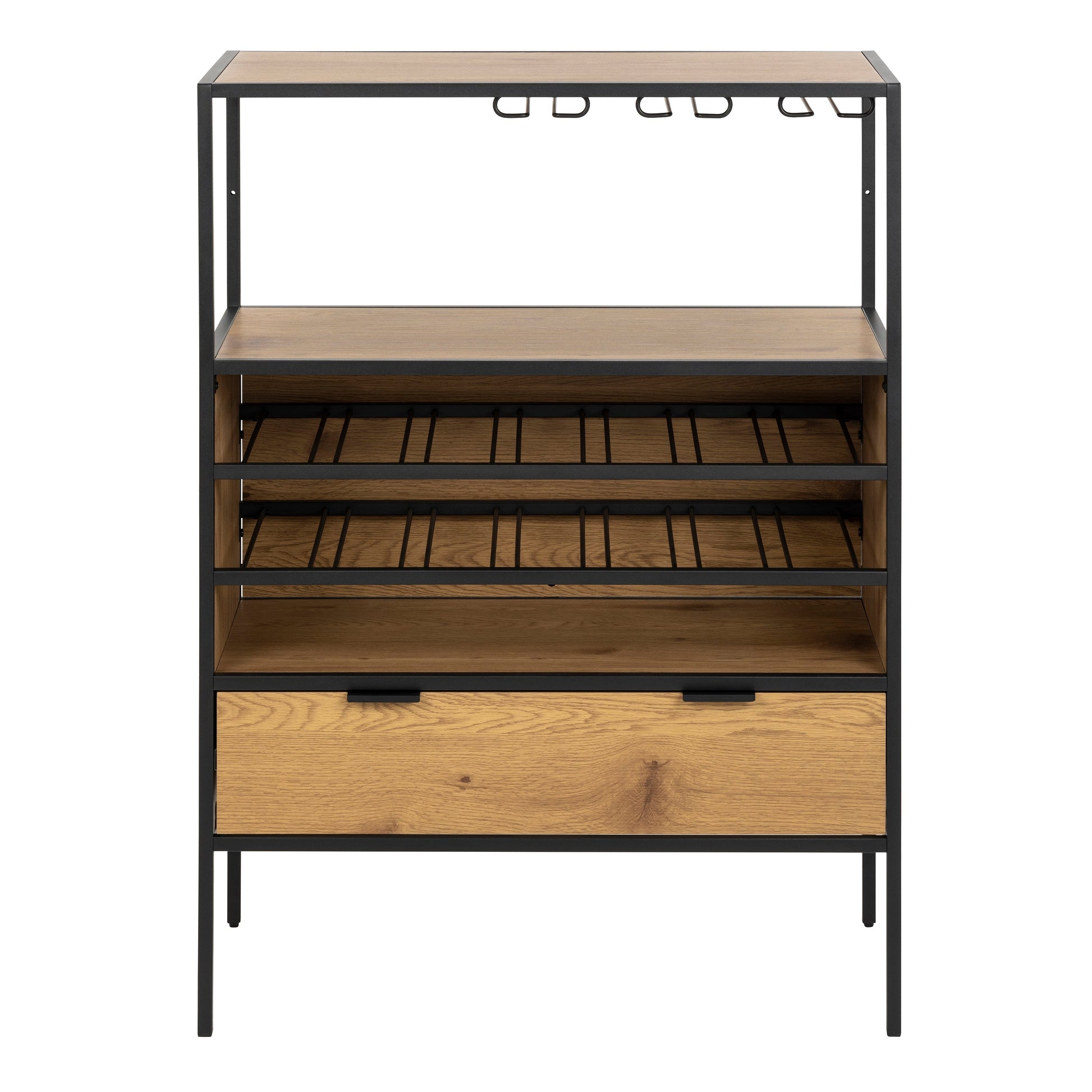 Cote | Furniture Seaford Bar Cabinet, 1 Draw, Bottle Rack + Glass Holder - Black & Oak Seaford, Cupboards 90A0000099862