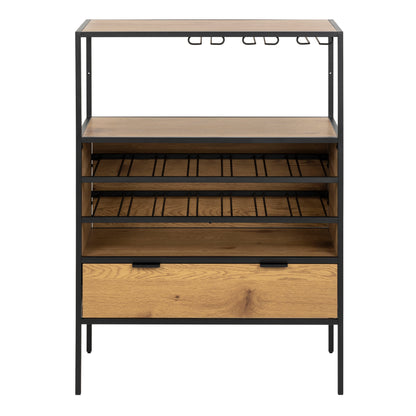 Cote | Furniture Seaford Bar Cabinet, 1 Draw, Bottle Rack + Glass Holder - Black & Oak Seaford, Cupboards 90A0000099862