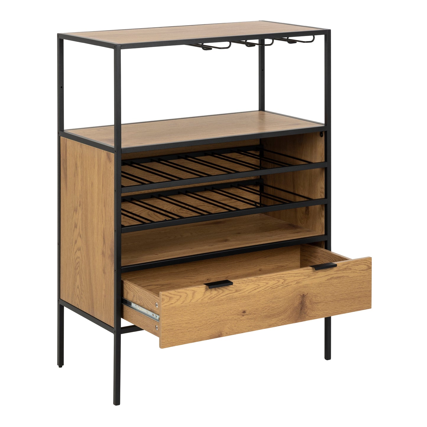 Cote | Furniture Seaford Bar Cabinet, 1 Draw, Bottle Rack + Glass Holder - Black & Oak Seaford, Cupboards 90A0000099862